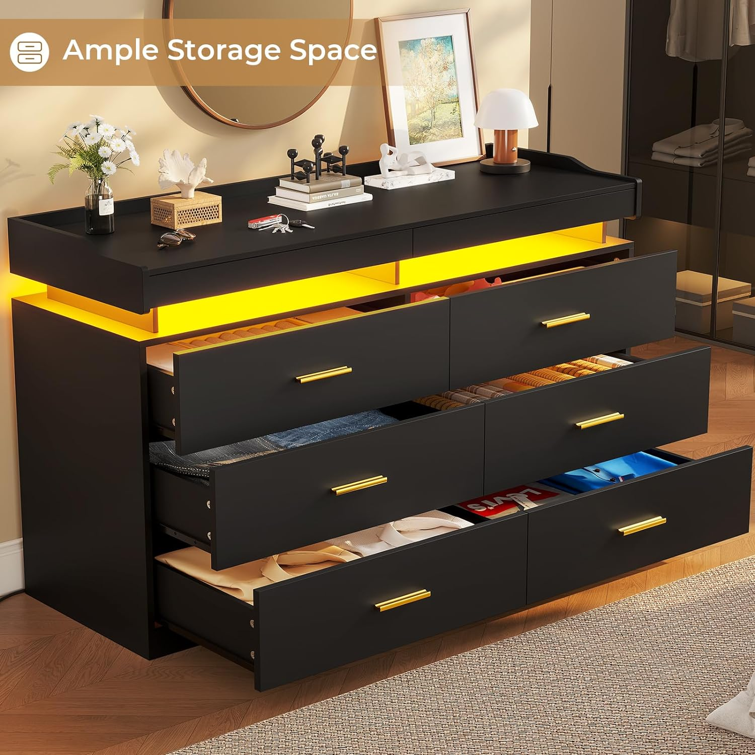 thumbnail video image 2 of 6 Drawer Dresser with LED Light,White Dresser for Bedroom,Wood Chest of Drawers with 2 Pull-Out Trays,Modern Wide Dresser for Living Room Entryway, 2 of 9