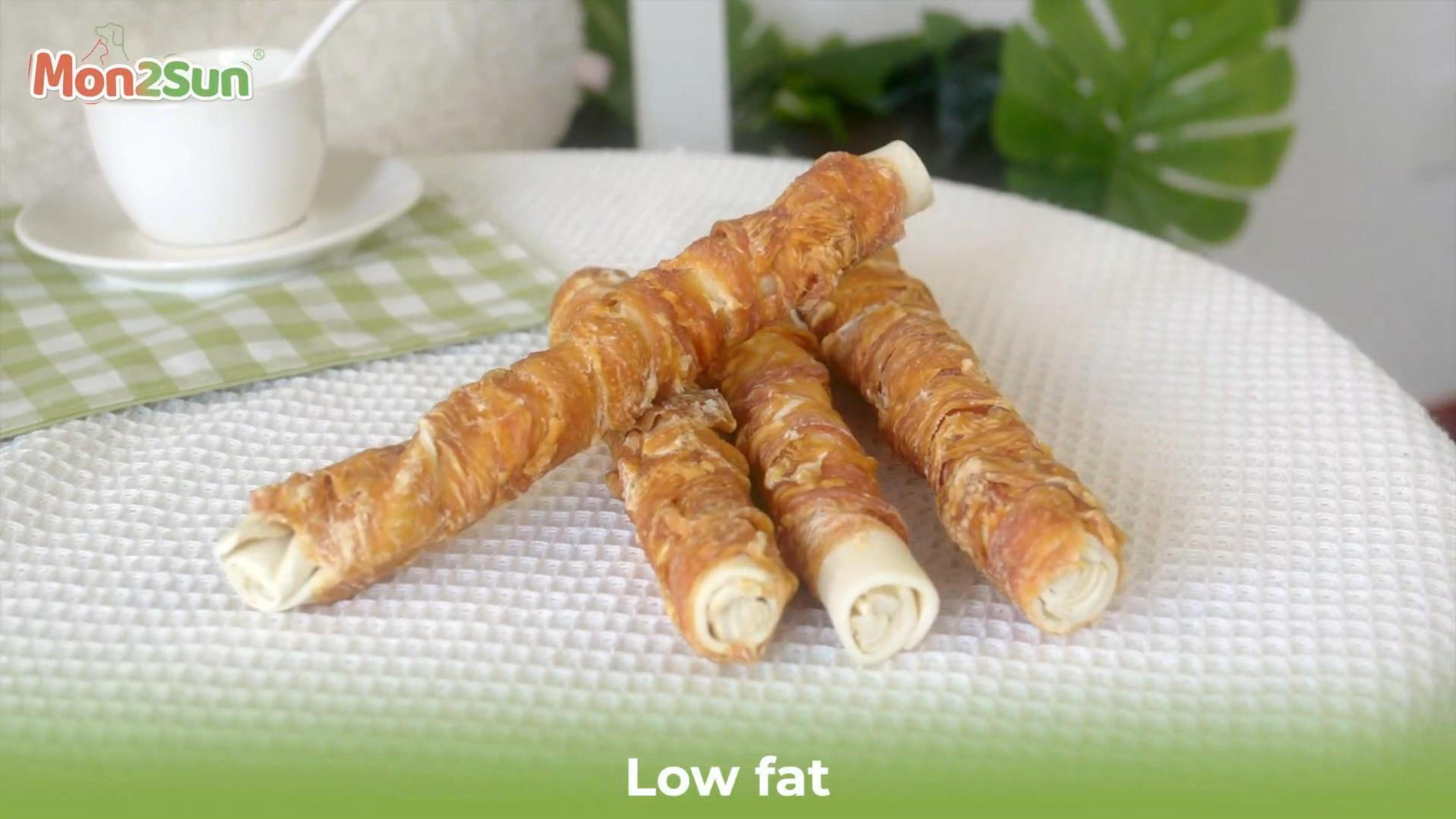 thumbnail video image 2 of MON2SUN Chicken Wrapped Rawhide Rolls Medium and Large Dog Treats, 23.28 oz (6 Count), 9 Inch, 2 of 9