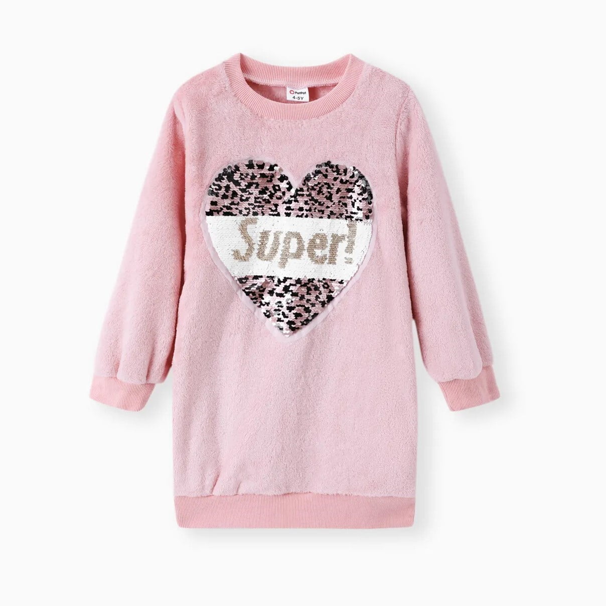 thumbnail video image 2 of PatPat Girls Dresses Pink Fleece Pullover Graphic Letter Heart Sequins Sweatshirt Dress Sizes 4-12, 2 of 8
