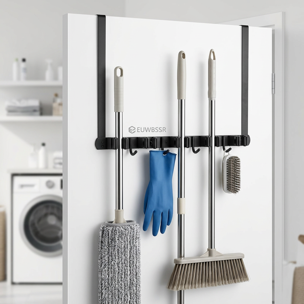 thumbnail video image 2 of Mop and Broom Holder Wall Mount,Over the Door Broom Organizer with 2 Hooks, Stainless Steel Drill-Free Storage Rack for Bathroom, Kitchen, Garage, 2 of 10