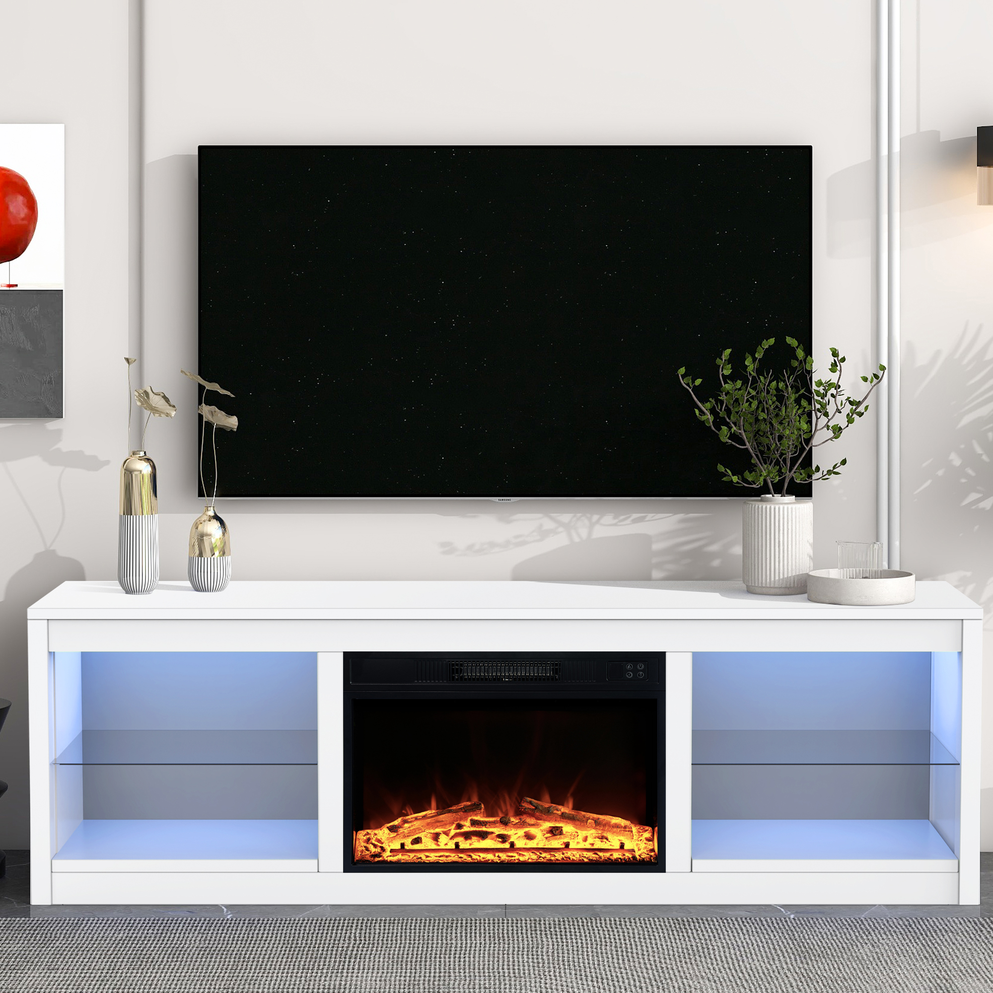 thumbnail video image 2 of IHOMEadore Fireplace TV Stand for TVs up to 75 Inch, 66 Inch Entertainment Console with 23" Electric Fireplace, 2 of 12