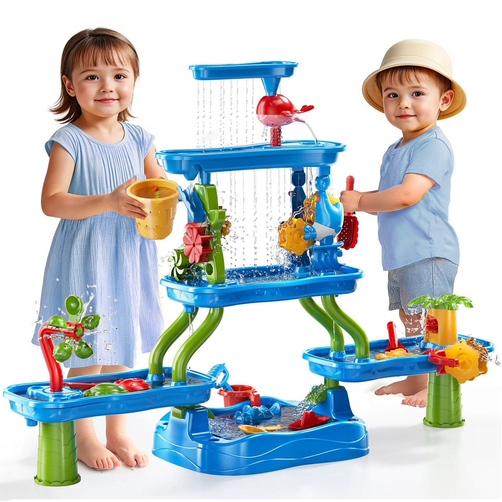 thumbnail video image 2 of deals! ALLJOY 5-Tier Water Table for Toddlers 1-3 4-8, Outdoor Toys Sand Sensory Table Outside Water Play Beach Toys for Toddlers Kids Summer Gifts, 2 of 8