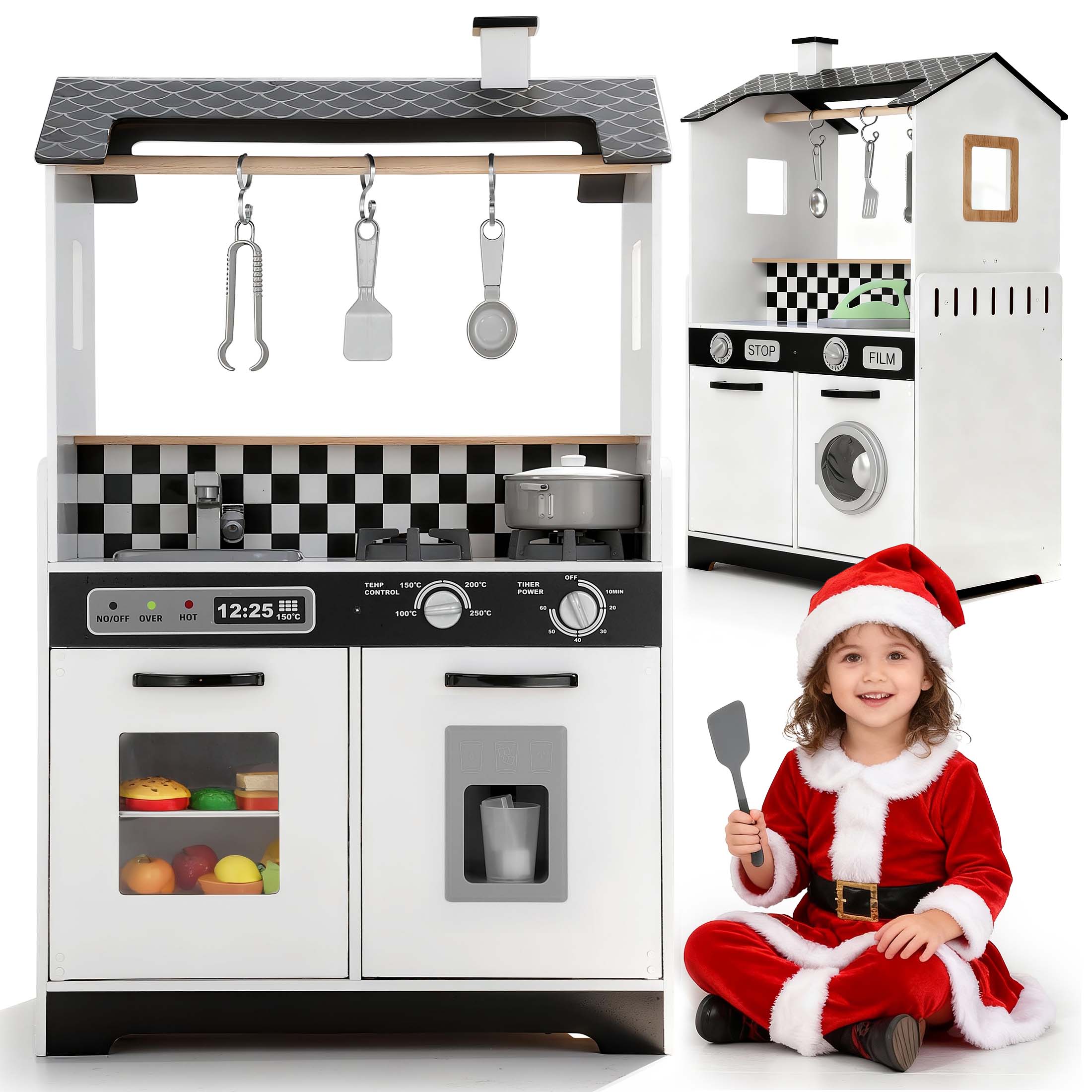 thumbnail video image 2 of COCLUB 2-in-1 Wooden Play Kitchen & Laundry Center, Kids Kitchen Playset with Realistic Accessories for Pretend Play & Fine Motor Skills, Gift for 3-5 Year Olds, 2 of 8