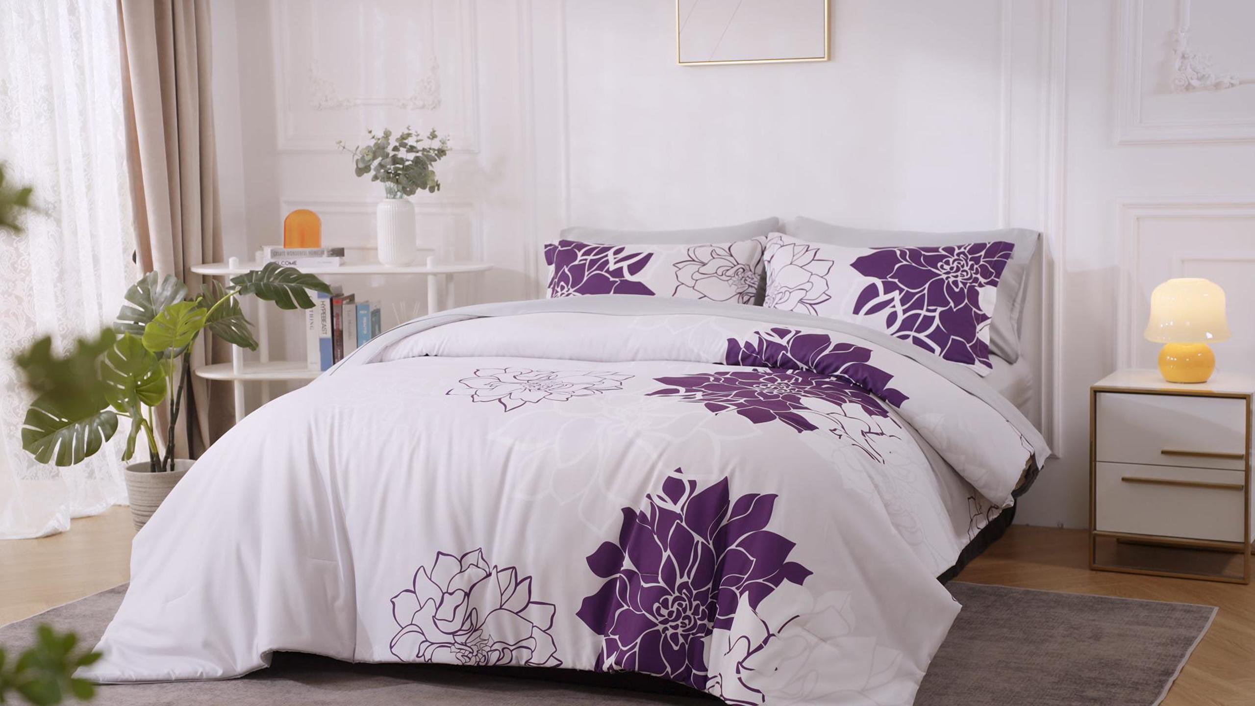 thumbnail video image 2 of Davulos Queen Comforter Set, 7 Pieces Bed in a Bag Queen, Flowers Printed Complete Bedding Set with Comforter, Flat Sheet, Fitted Sheet, Pillowcases and Pillow Shams, 2 of 9