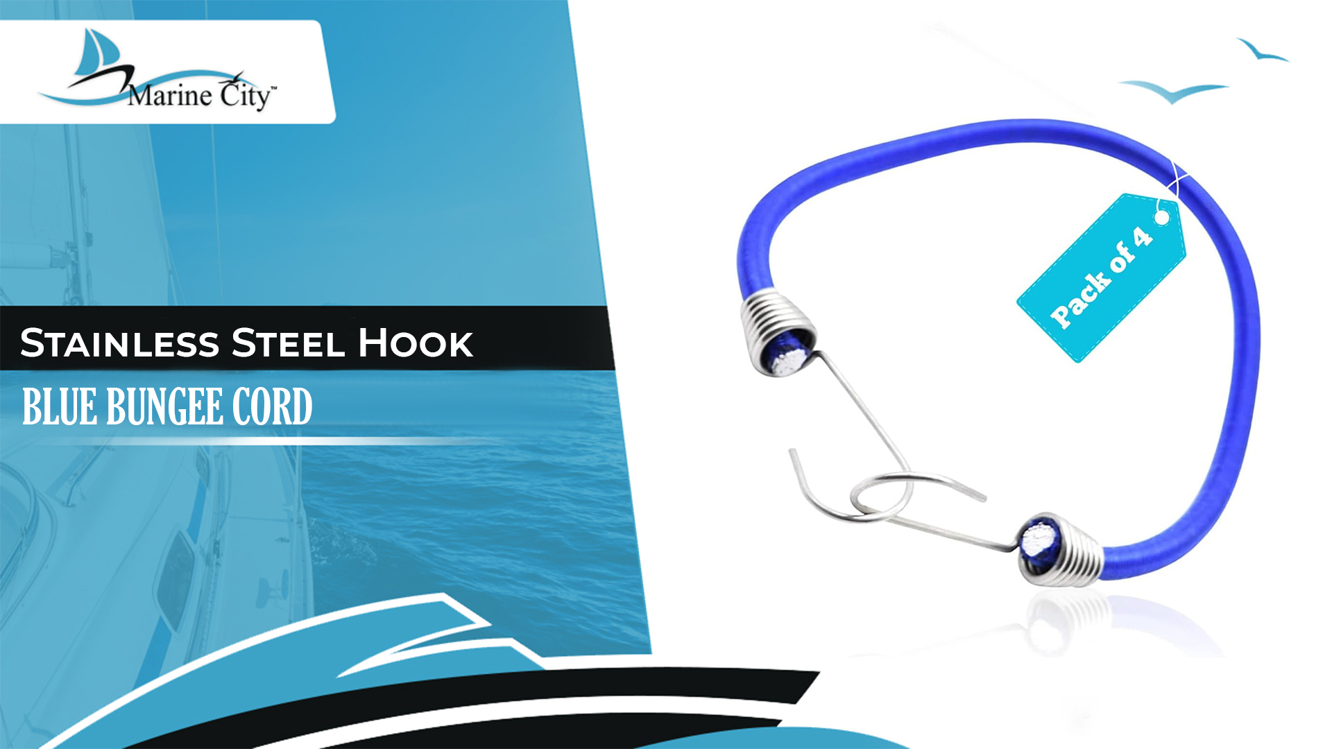 thumbnail video image 2 of MARINE CITY Blue Bungee Cord with Stainless Steel Hook  20 Inches, Durable, Weatherproof for Marines, Boats, Camping, Ships, Tie Downs Bungee Cord Pack of 4, 2 of 8