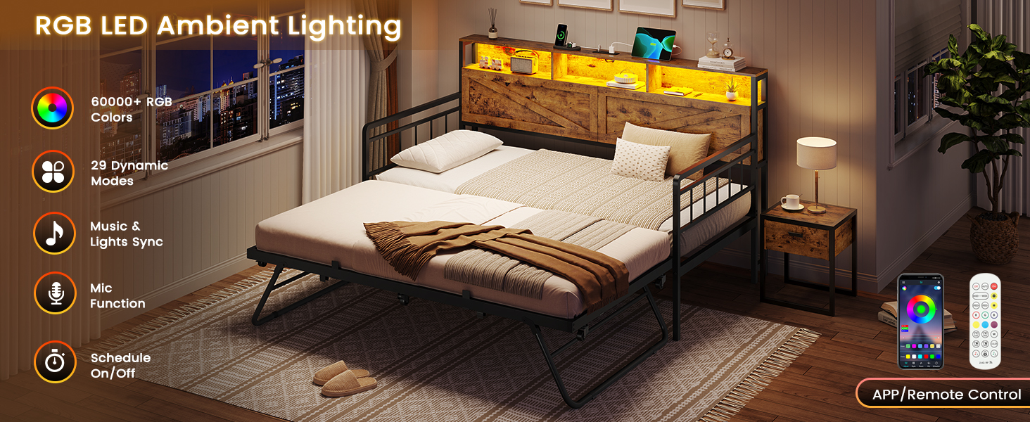 thumbnail video image 2 of Daybed with Pop Up Trundle, Wood LED Twin to King Day Bed Frame with Bookcase Hidden Storage Headboard & Charging Station, Sturdy Metal Sofa Corner Bed Frame for Living Room/Bedroom/Guest Room, Brown, 2 of 12