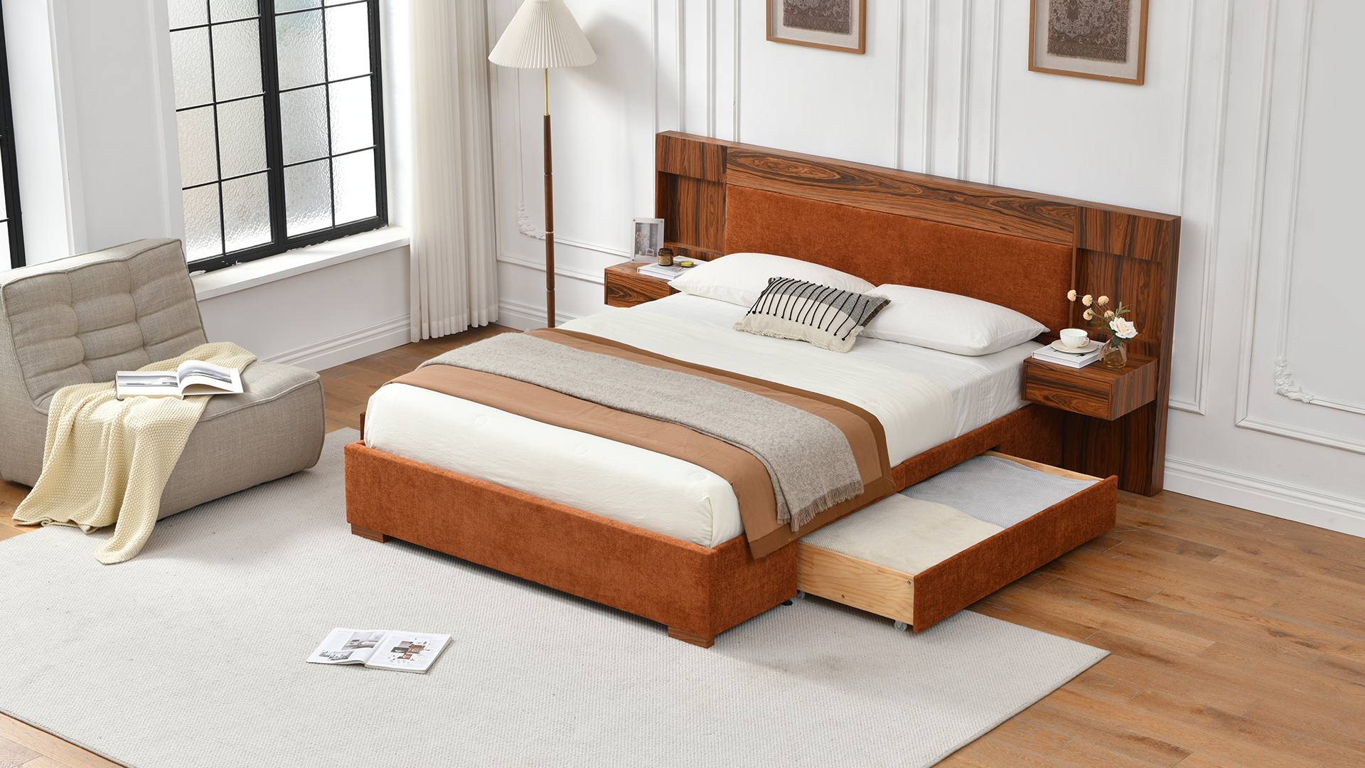 thumbnail video image 2 of Queen Size Bed Frame with Storage Drawers & Built-in Nightstands, Wood Bed Frame with Linen Upholstered Headboard, No Box Spring Needed, Ocher, 2 of 10