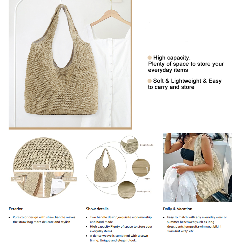 thumbnail video image 2 of Hand-woven Soft Large Straw Shoulder Bag Boho Straw Handle Tote Retro Summer Beach Bag Rattan Handbag, 2 of 11