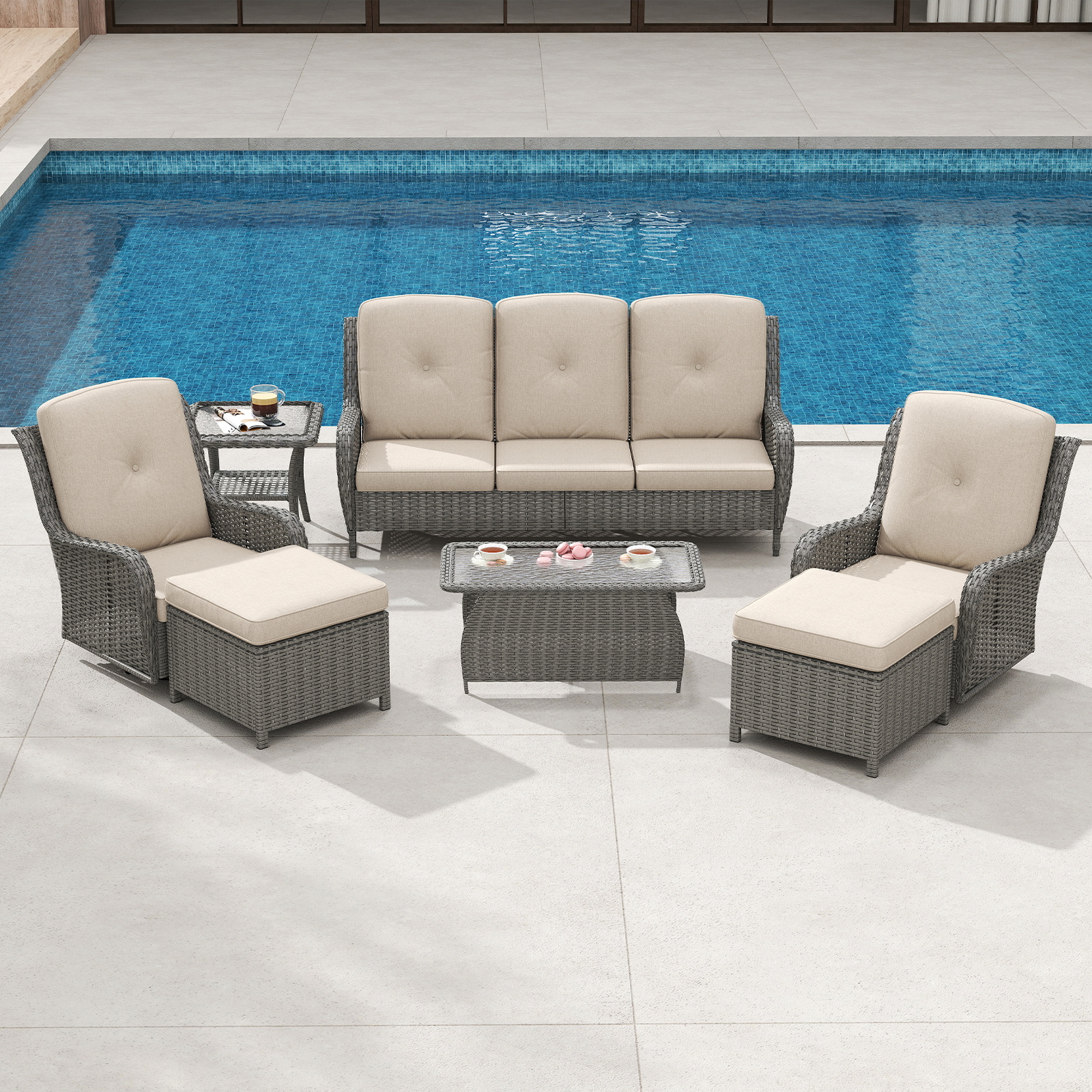 thumbnail video image 2 of Kinbor Luxury Wicker Patio Furniture Set, 7 Pcs Rattan Outdoor Conversation Set, 2 Swivel Chairs, 2 Ottomans, 3-Seater Sofa, Outdoor Coffee Table and Side Table, Beige, 2 of 9