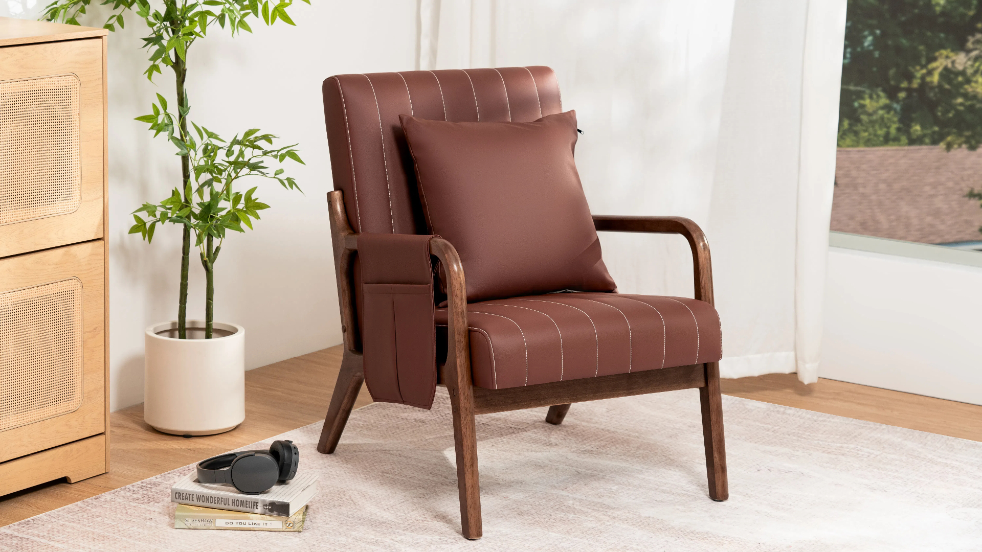 thumbnail video image 2 of Hommpa Accent Chair with Armrest Modern Arm Chair Leather Armchair with Lumbar Pillow & Wood Frame for Living Room, Bedroom, Balcony, Brown, 2 of 12