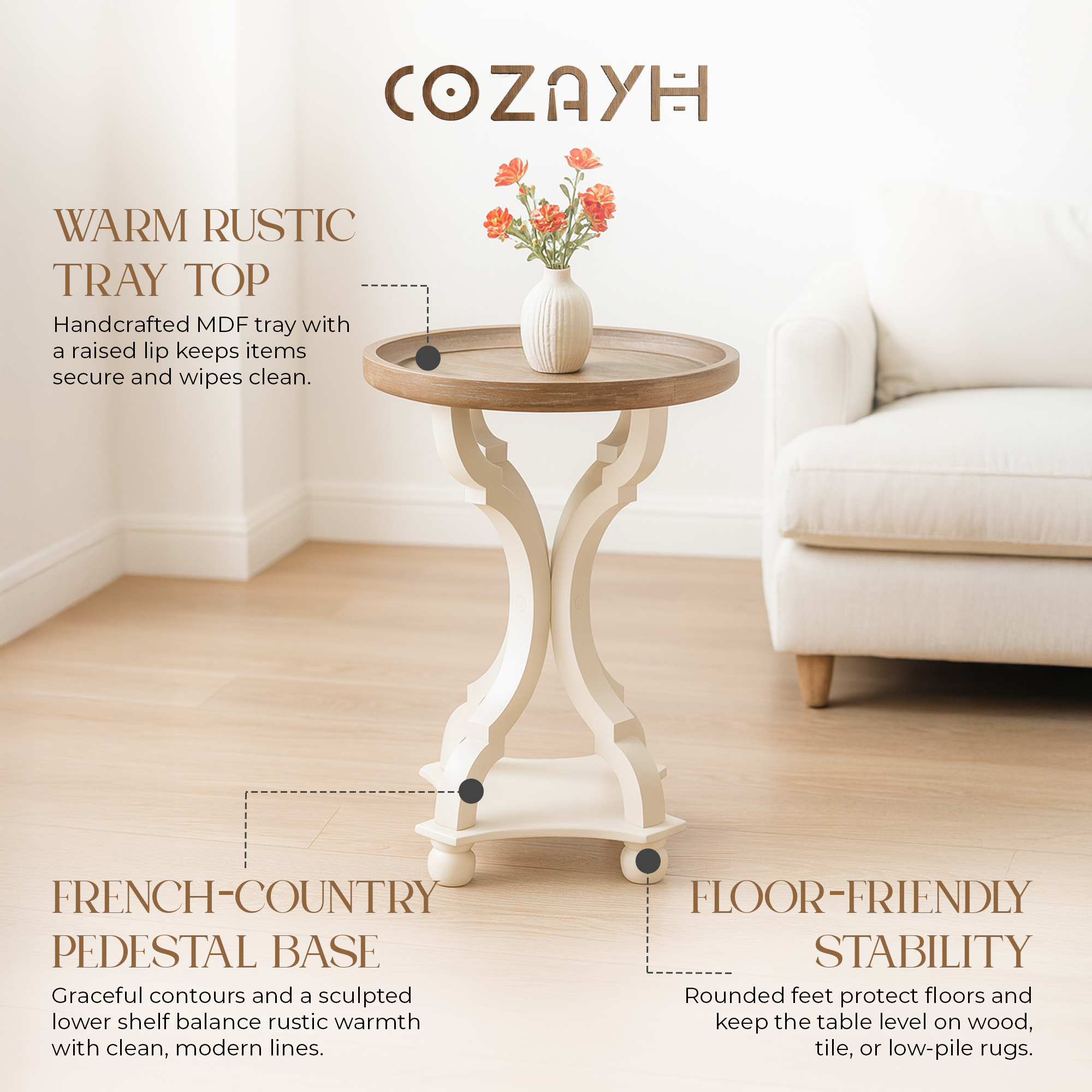 thumbnail video image 2 of COZAYH Round Rustic Wood Accent Tray Top Nightstand Side Table, White Legs, Set of 2, 2 of 13