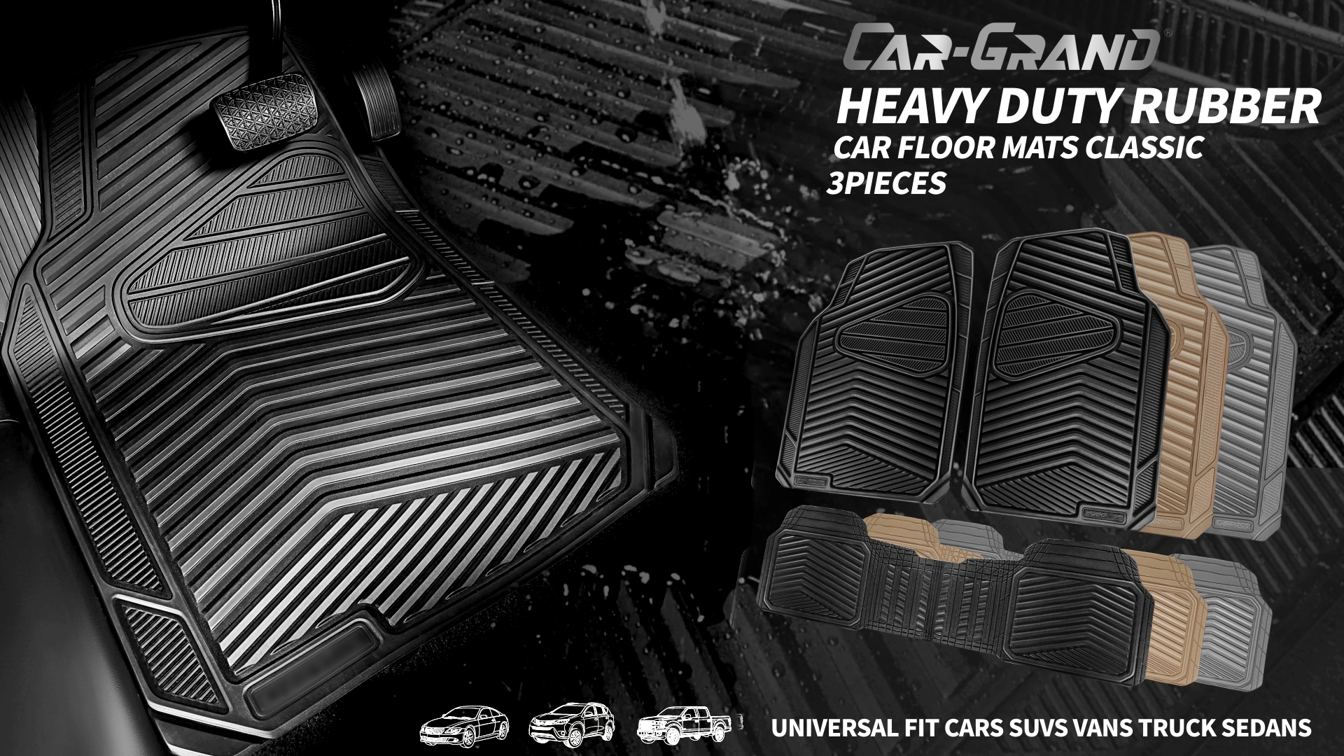 thumbnail video image 2 of CAR GRAND Rubber Car Floor Mats, All Season All Weather Waterproof Automotive Mats Full Set 4 Pieces, Trim to Fit for Cars Sedans SUVs Trucks, Anti-Slip Easy Clean, All Gray, 2 of 10