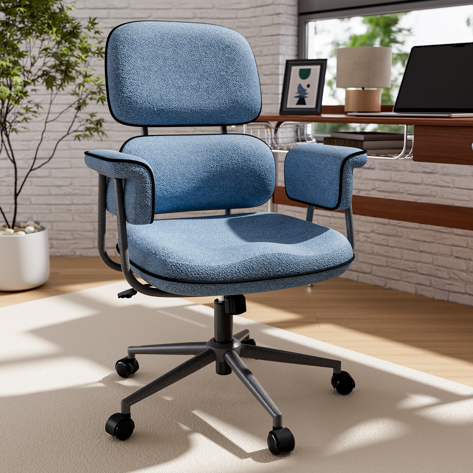 thumbnail video image 2 of Ninecer Office Chair with Wheels and Wide Arms, Soft Linen Fabric Home Office Chair with Split Back, Molded Foam Cushion, Adjustable Height Swivel Computer Chair for Home Office & Study,Blue, 2 of 8