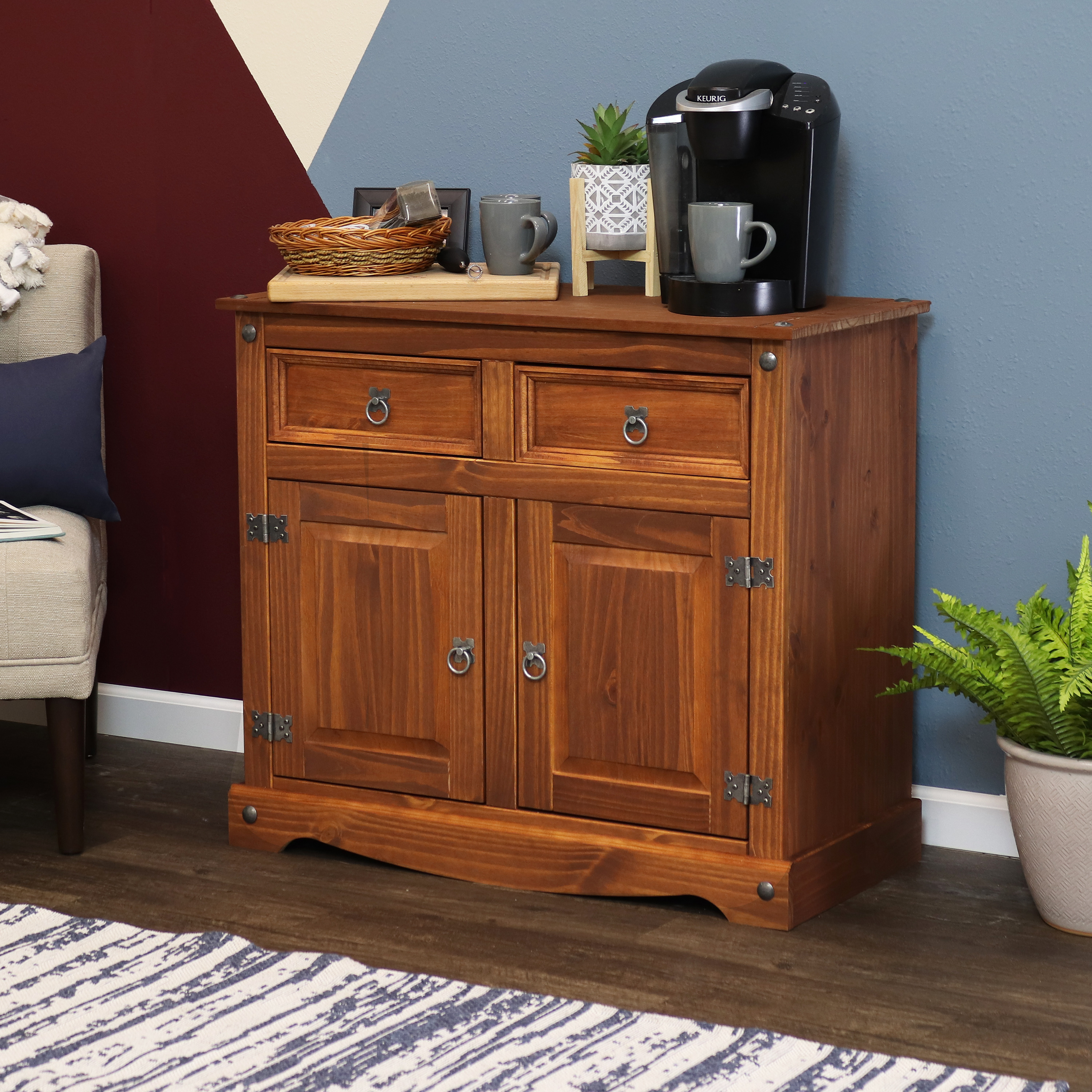 thumbnail video image 2 of Sunnydaze 36" Solid Pine Kitchen Sideboard Cabinet with 2 Doors 2 Drawers, Chocolate, 2 of 14