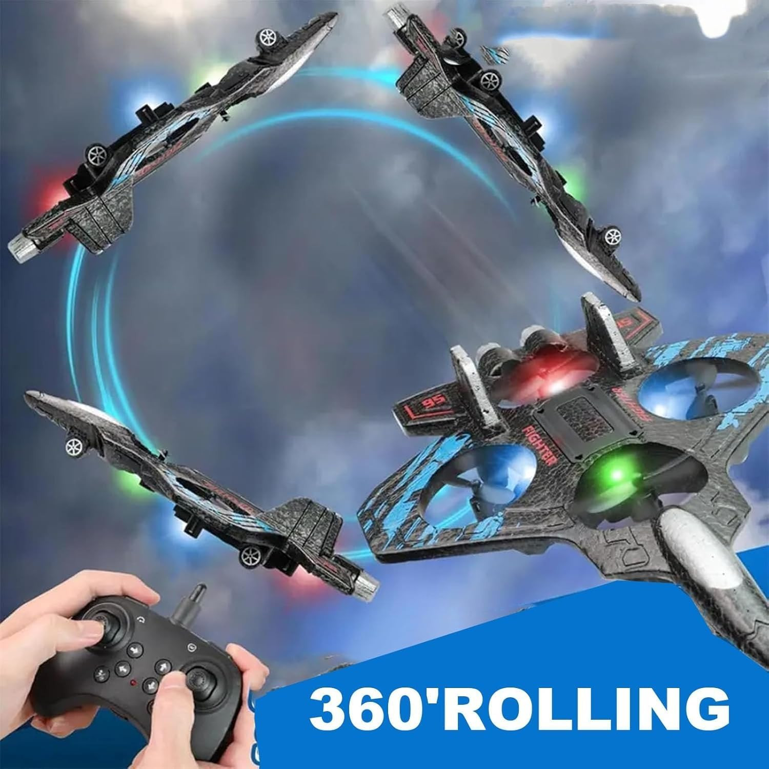 thumbnail video image 2 of RC Stunt Fighter Foam Plane - Remote Control Pro Plane with 360° LED Lights, 3 Speeds Adjustable Drone for Beginners Adults Gifts, Fun RC Flying Toy, Green, 1set, 2 of 8