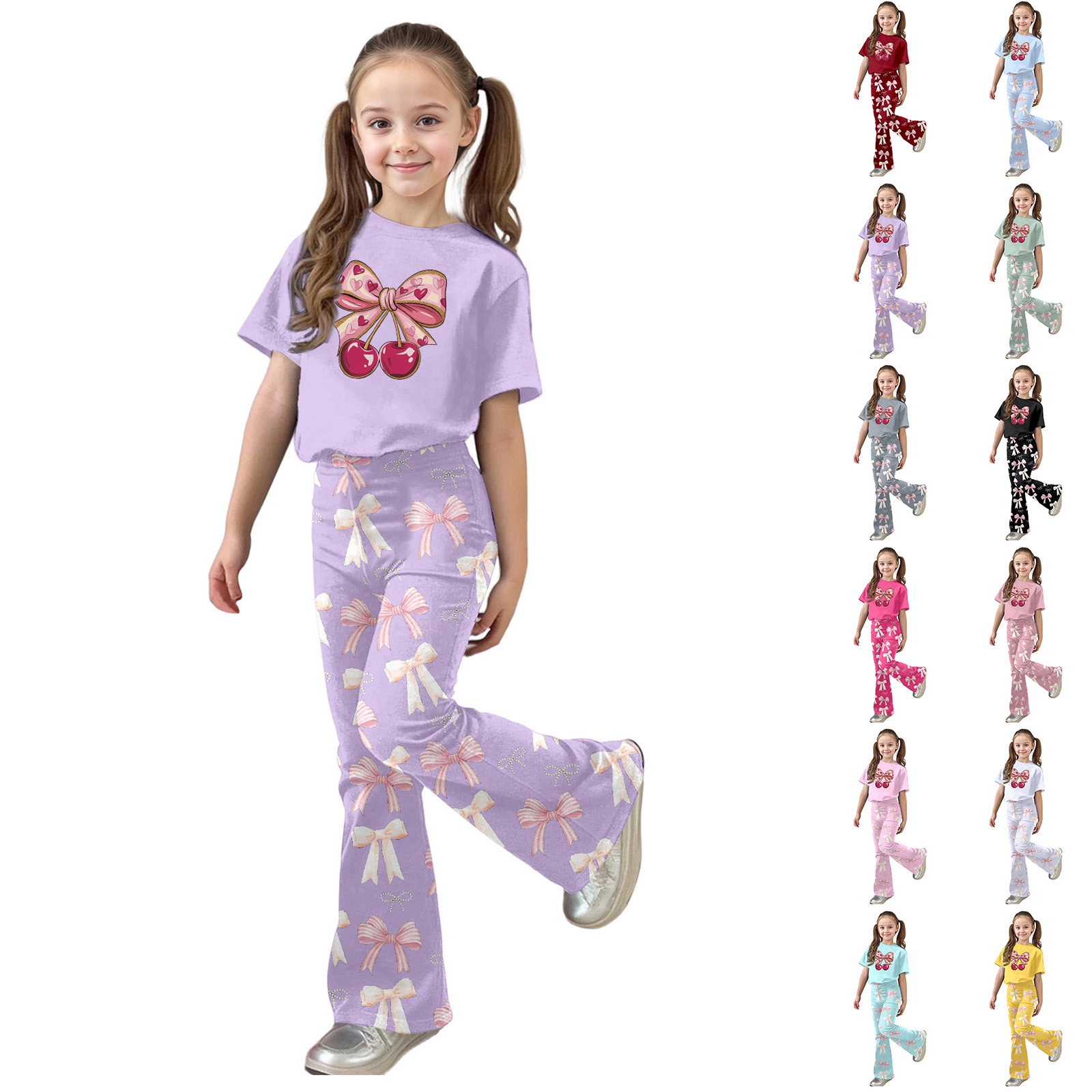 thumbnail video image 2 of SGMVNU Girls' Flared Pants Set Summer 2 Piece Outfits Printed Short Sleeve Top Shirt and Bell Bottom Pants, Size 7-8 Years, er1-Pink, 2 of 6