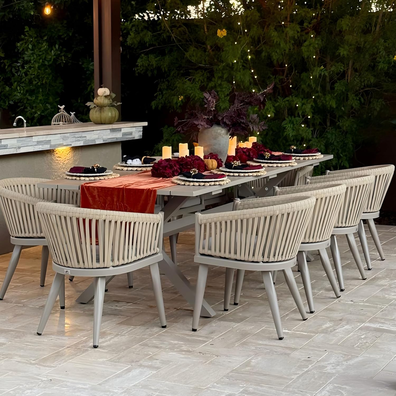 thumbnail video image 2 of PURPLE LEAF 11 Pieces Patio Dining Set, Rectangular Aluminum Outdoor Table and 10 Wicker Chairs with Cushions for Garden Kitchen and Porch, Champagne, 2 of 10