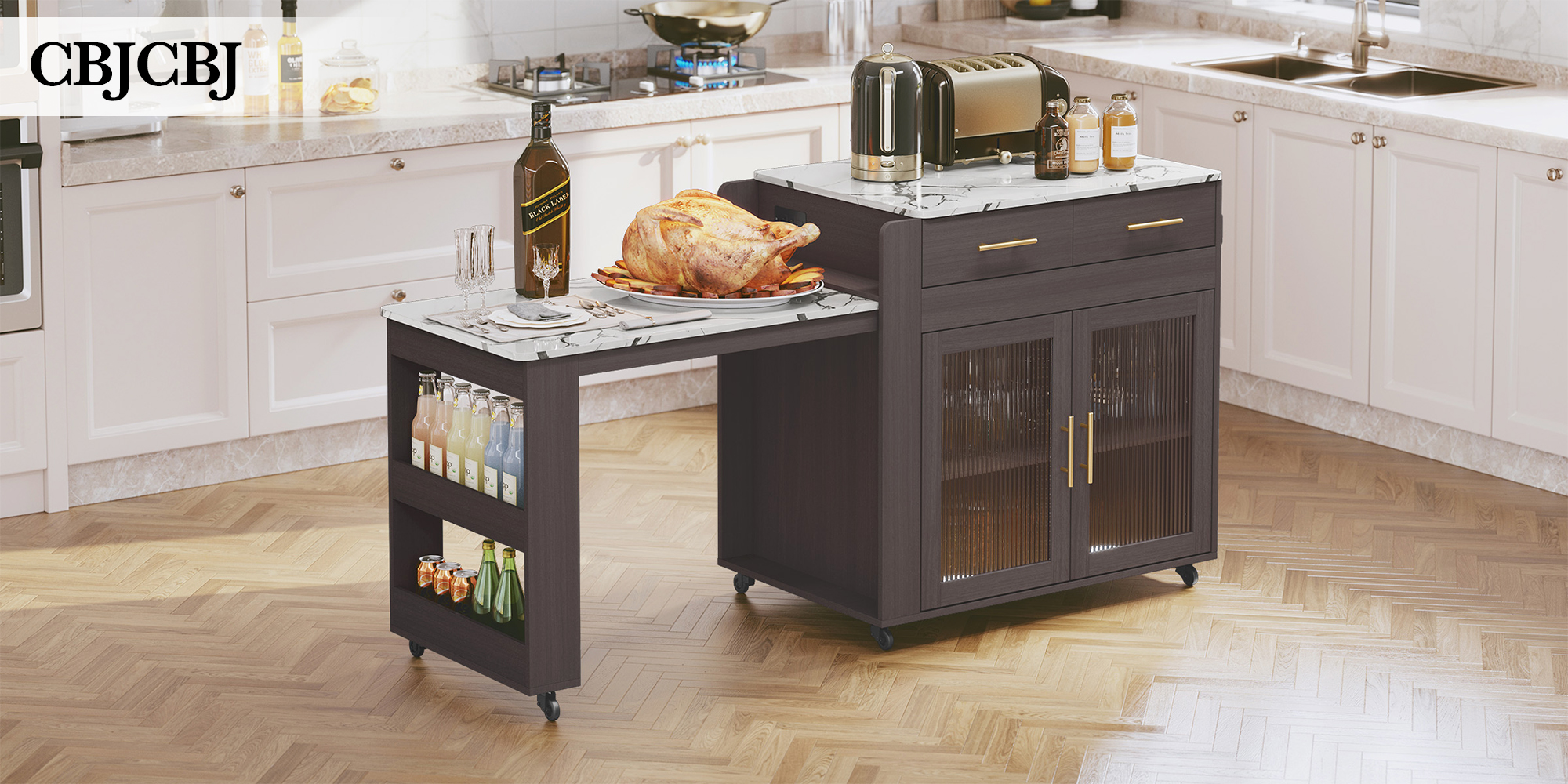 thumbnail video image 2 of CBJCBJ Kitchen Island with Storage | Expandable Retractable on Wheels 71.65" L | Space-Saving of Island Cart, Beige, 2 of 13