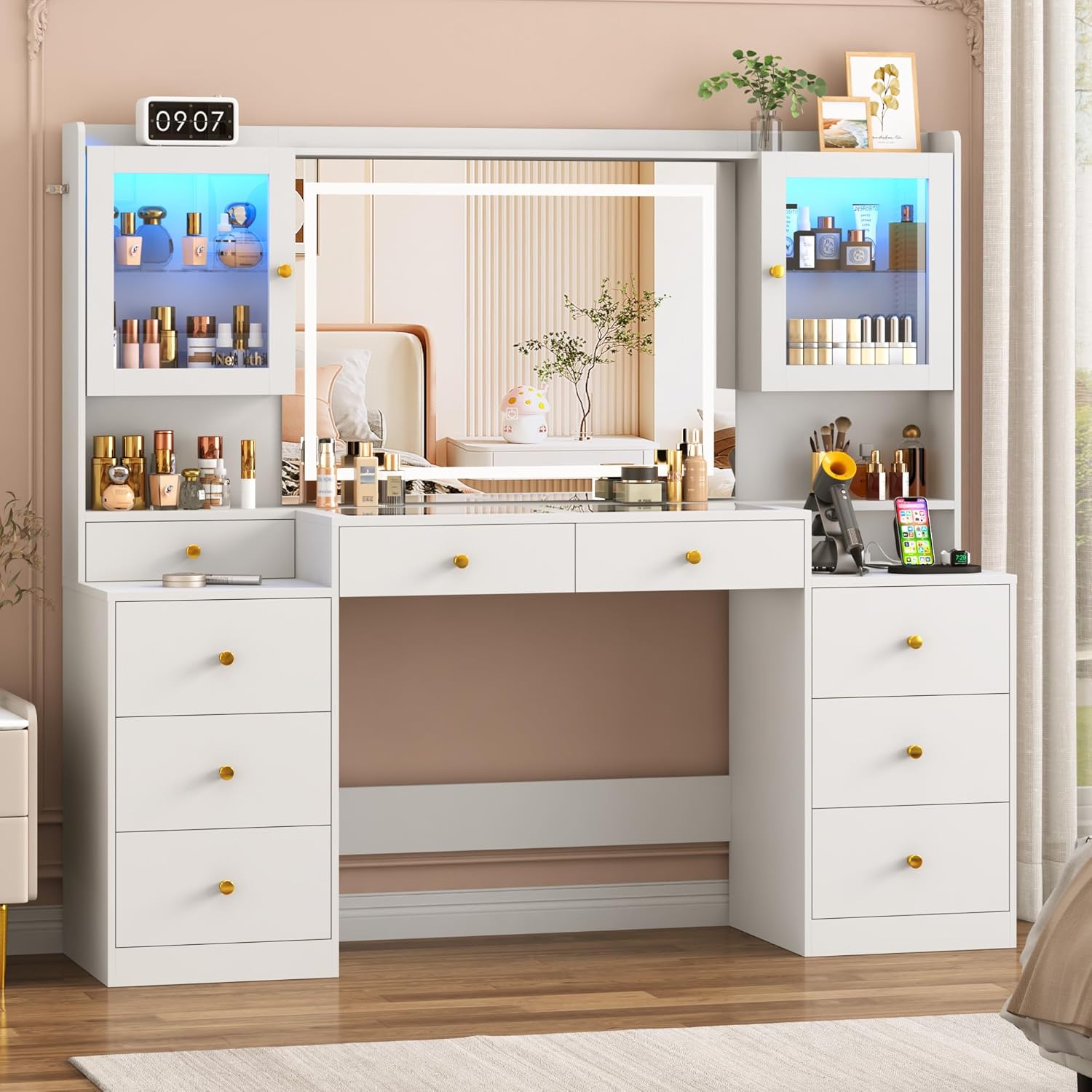 thumbnail video image 2 of ChVans 47'' Large Makeup Vanity with Power Outlet, 60000-color LED Lights, Glass Top Vanity Desk with 3 Lights Mode LED Mirror, 8 Drawers, 2 RGB cabinets for Women, Girls Gift, 2 of 10