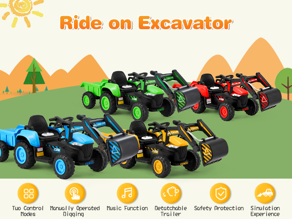 thumbnail video image 2 of Erommy Ride on Excavator Toys with Remote Control, 12 V Battery Powered Ride on Tractor with Trailer, Digger, Horn, Lights, Music Player, Safety Belt, Red, 2 of 13