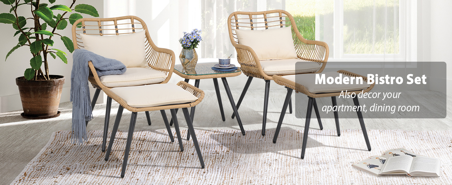 thumbnail video image 2 of JOIVI 5-Piece Outdoor Patio Furniture Set, PE Rattan Wicker Small Set Porch, Cushioned Patio Chairs, White, 2 of 8