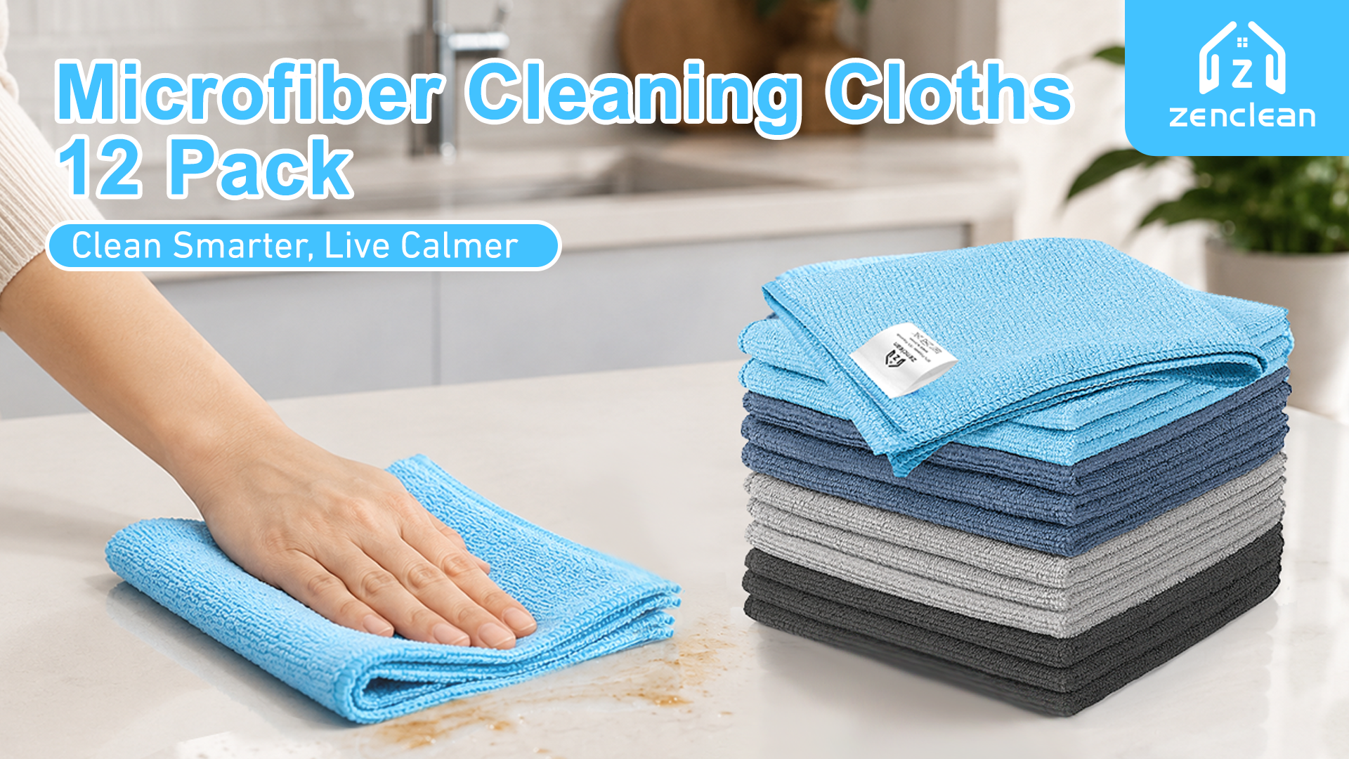 thumbnail video image 2 of ZenClean Microfiber Cleaning Cloths 12 Pack, Micro Fiber Towel (Blue Navy Gray Black), 2 of 9