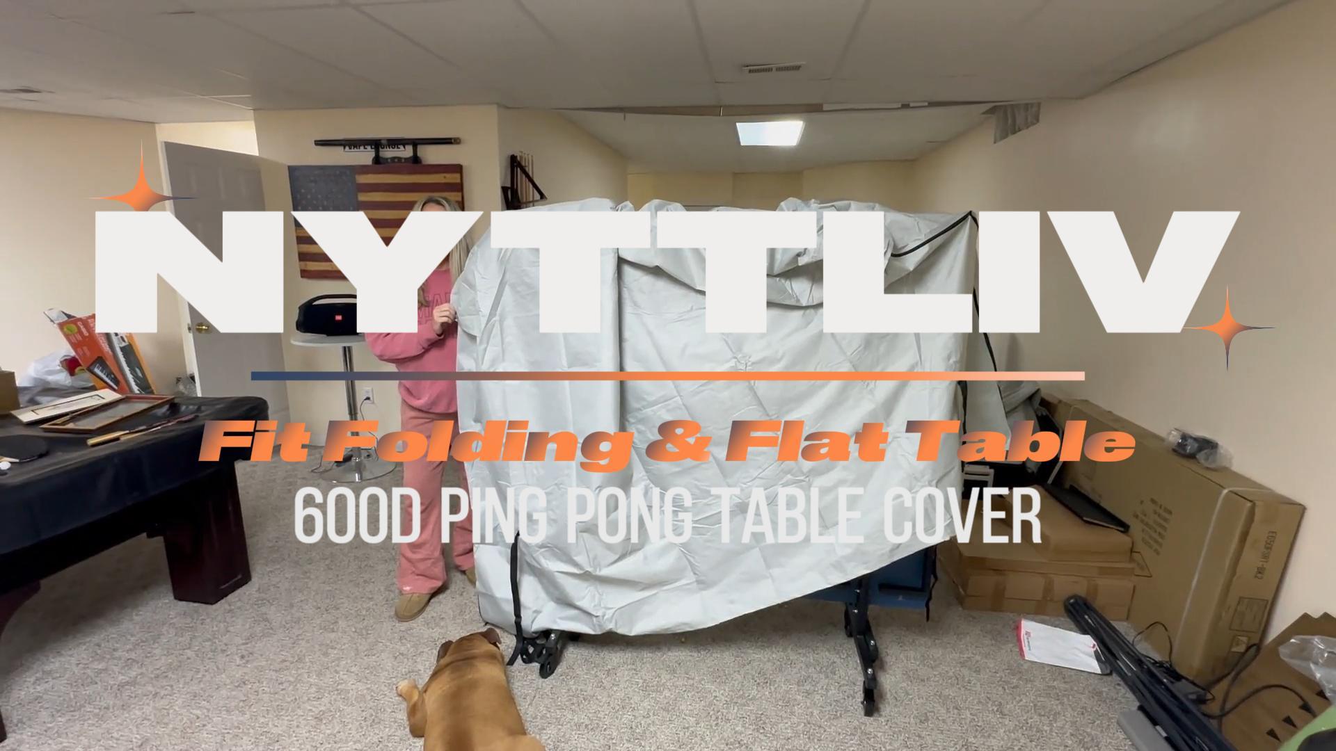 thumbnail video image 2 of Ping Pong Table Cover Outdoor Waterproof, 600D Indoor Table Tennis Cover Fits Universal 9x5 FT Folding Tables and Flat Tables, Sunscreen Heavy-Duty Folding Table Tennis Table Cover, 2 of 7