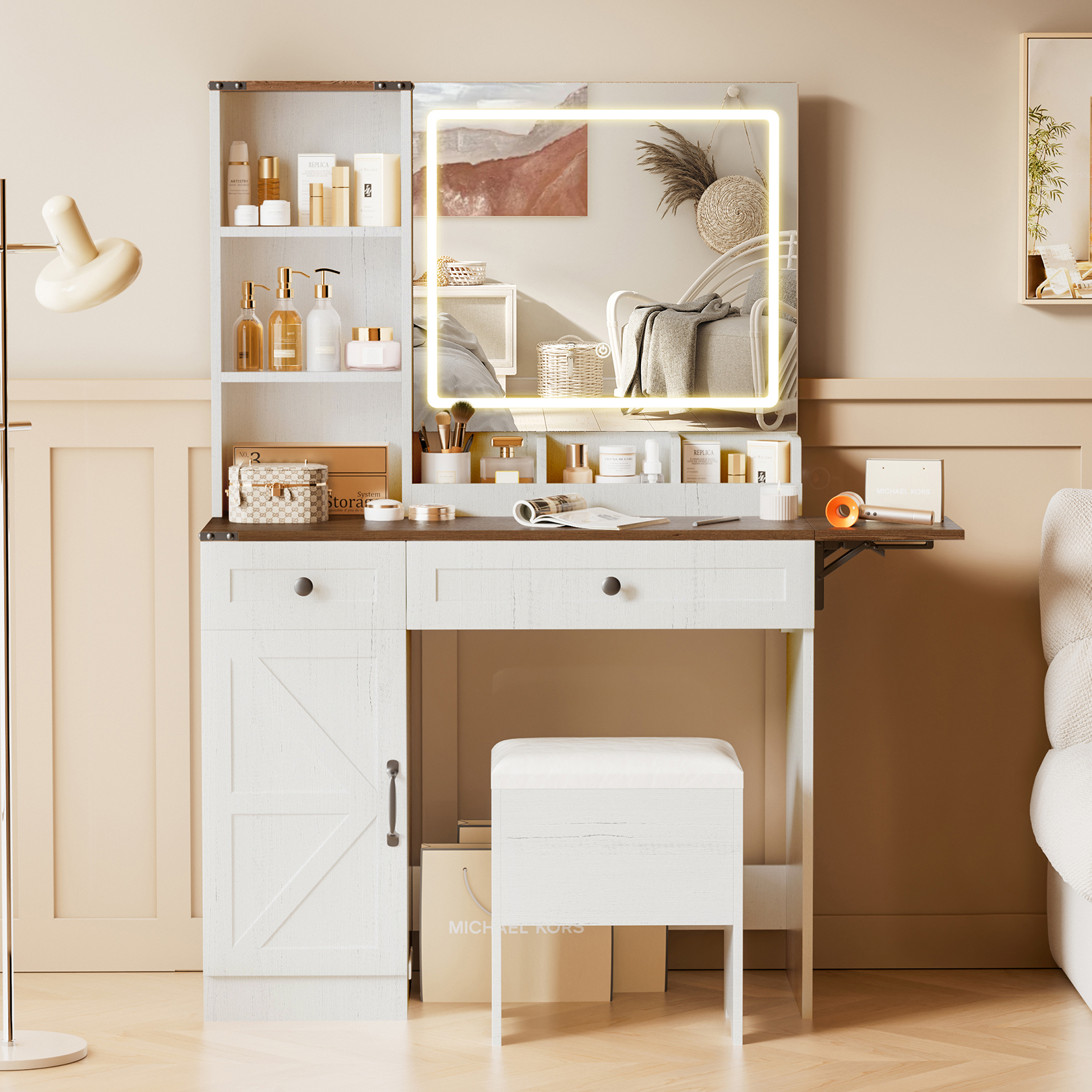 thumbnail video image 2 of Esmlada Vanity Desk with Mirror and Lights, Vanity Desk Table Set with Storage Bench, Power Outlet, for Bedroom, Brown, 2 of 8