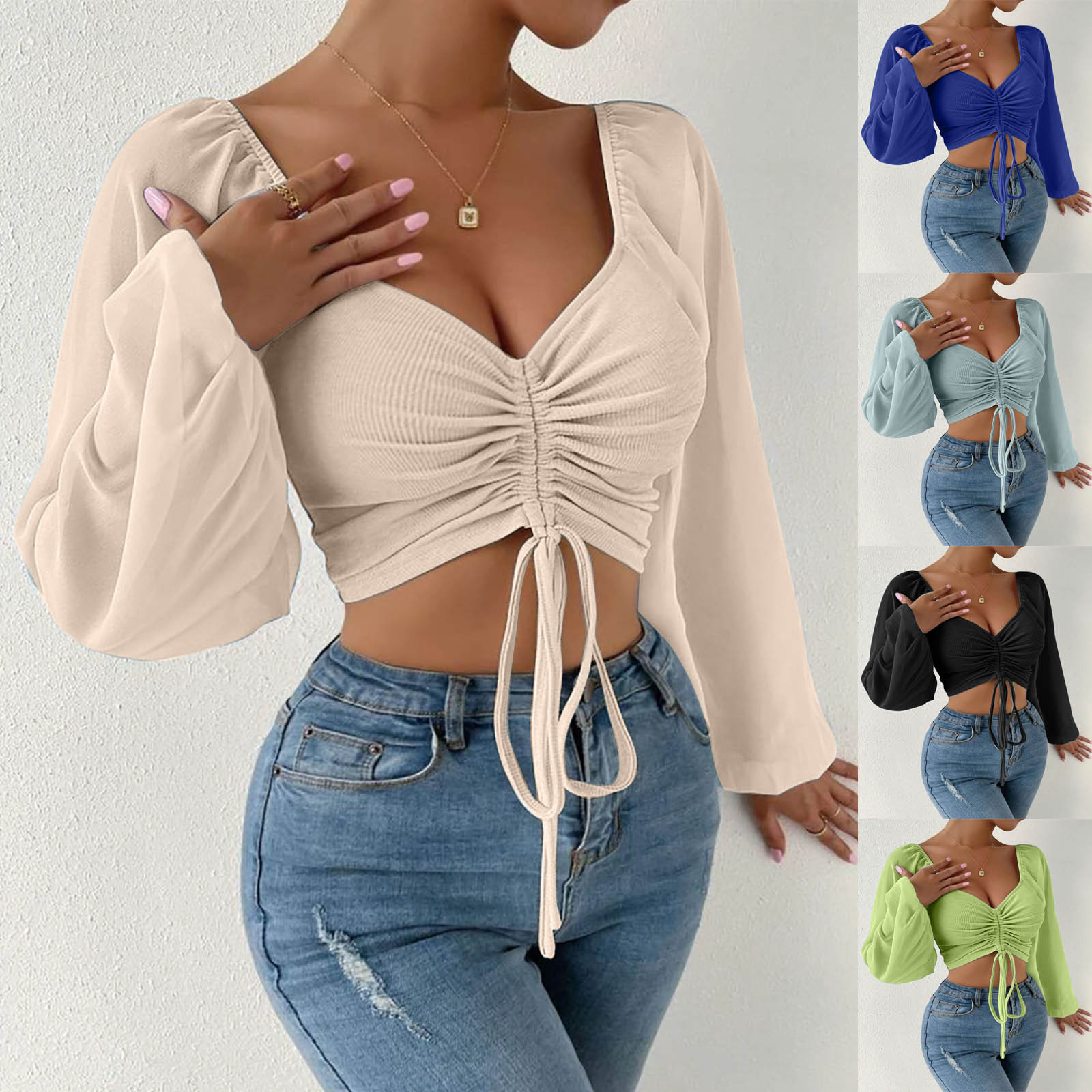 thumbnail video image 2 of WREESH Womens Crop Tops Long Sleeve Mesh Solid Color Drawstring V-Neck Cropped Top Blouse Blue, 2 of 10