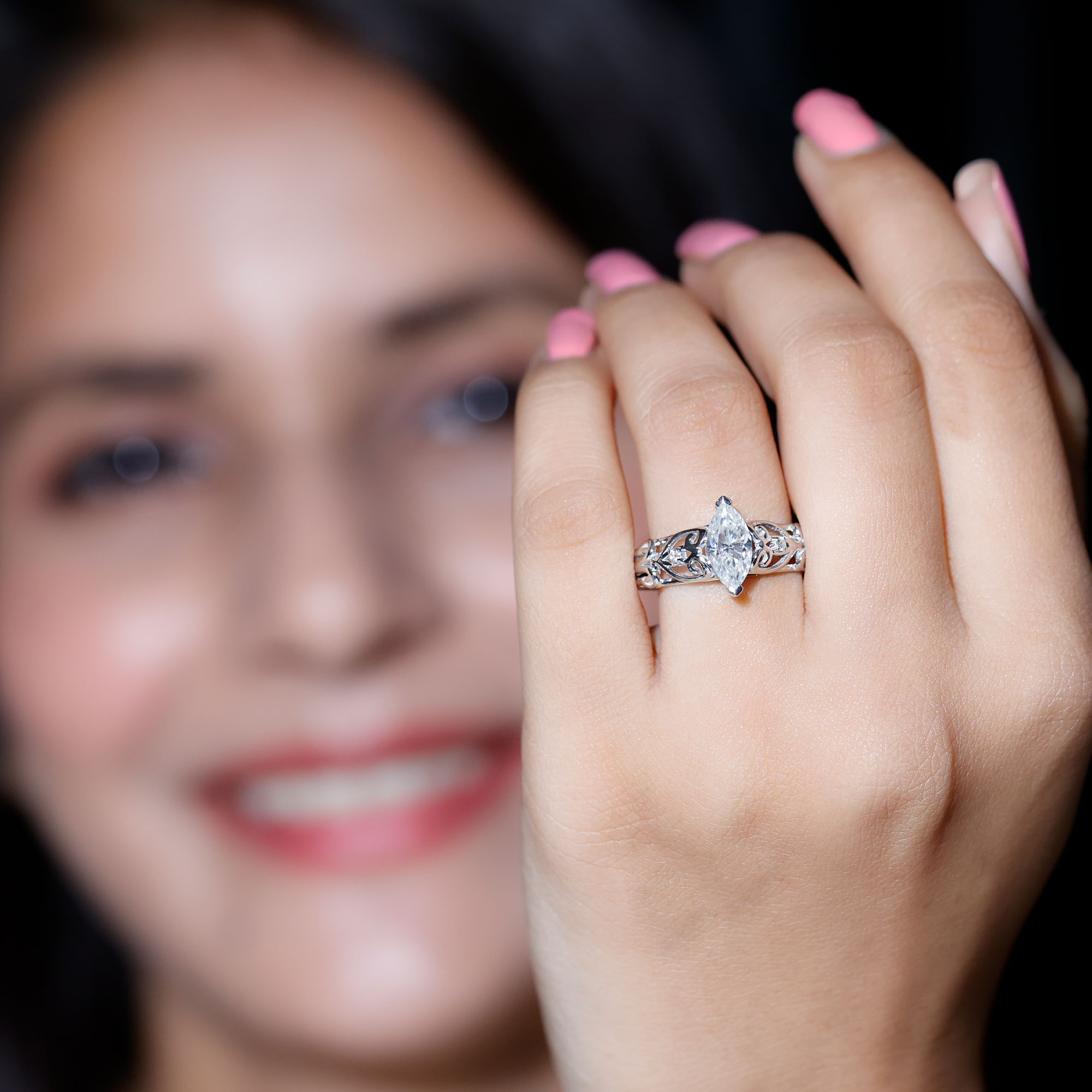 thumbnail video image 2 of Rosec Jewels Moissanite Marquise Engagement Ring 1 Carat - Filigree Ring (5X10 mm, D-VS1 Quality Certified), 14K White Gold, US 8.50, 2 of 8