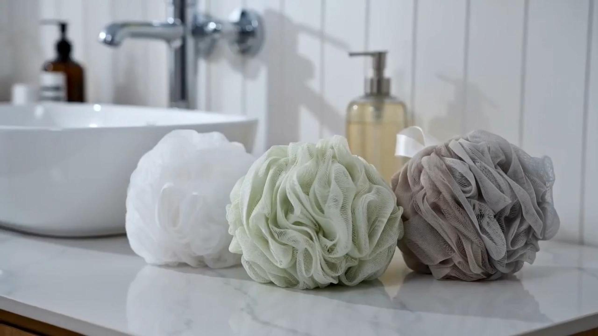 thumbnail video image 2 of Livhil Shower Loofah Sponge 4 Pack, Bath Sponge Shower Pouf for Men Women, Loofa Bath Scrunchie, Exfoliator Body Bath Scrubber(Light Brown), 2 of 8