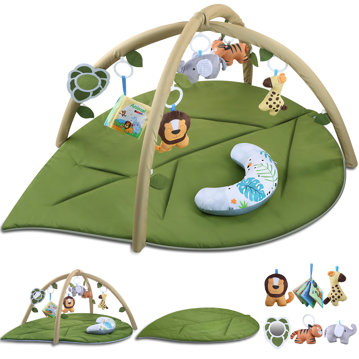 thumbnail video image 2 of JoyStone Baby Gym Play Mat, Large Leaf Shaped with 7 Detachable Toys, Washable Baby Activity Mat, Baby Gift for Newborn Infant 0-18 Months, 2 of 11