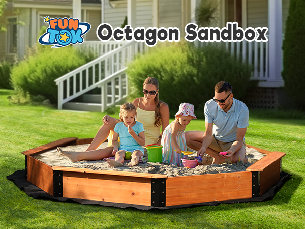 thumbnail video image 2 of FUNTOK Large Outdoor Wood Sandbox 85'' × 85'' × 9'' Octagon Wooden Sand Box for Kids with Cover, Ideal for Children Aged 2-6 for Lawn Garden Backyard Beach, 2 of 7