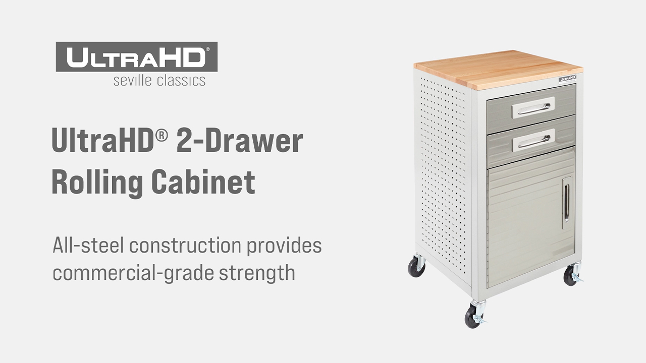 thumbnail video image 2 of Seville Classics UltraHD 2-Drawer Rolling Cabinet w/ Pegboard Side Panels, Satin Graphite, 2 of 9