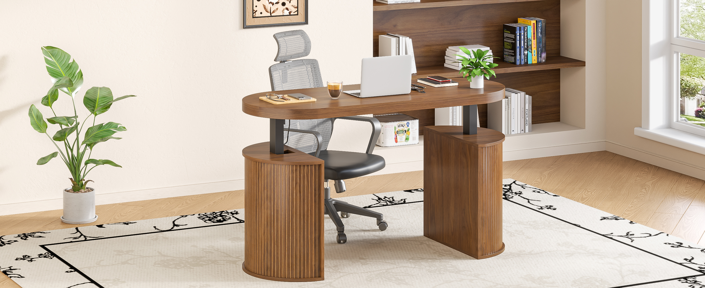 thumbnail video image 2 of Oubayajia 55″ x 22″ Electric Standing Desk with Storage, Height Adjustable Computer Desk for Home Office, Walnut, 2 of 12