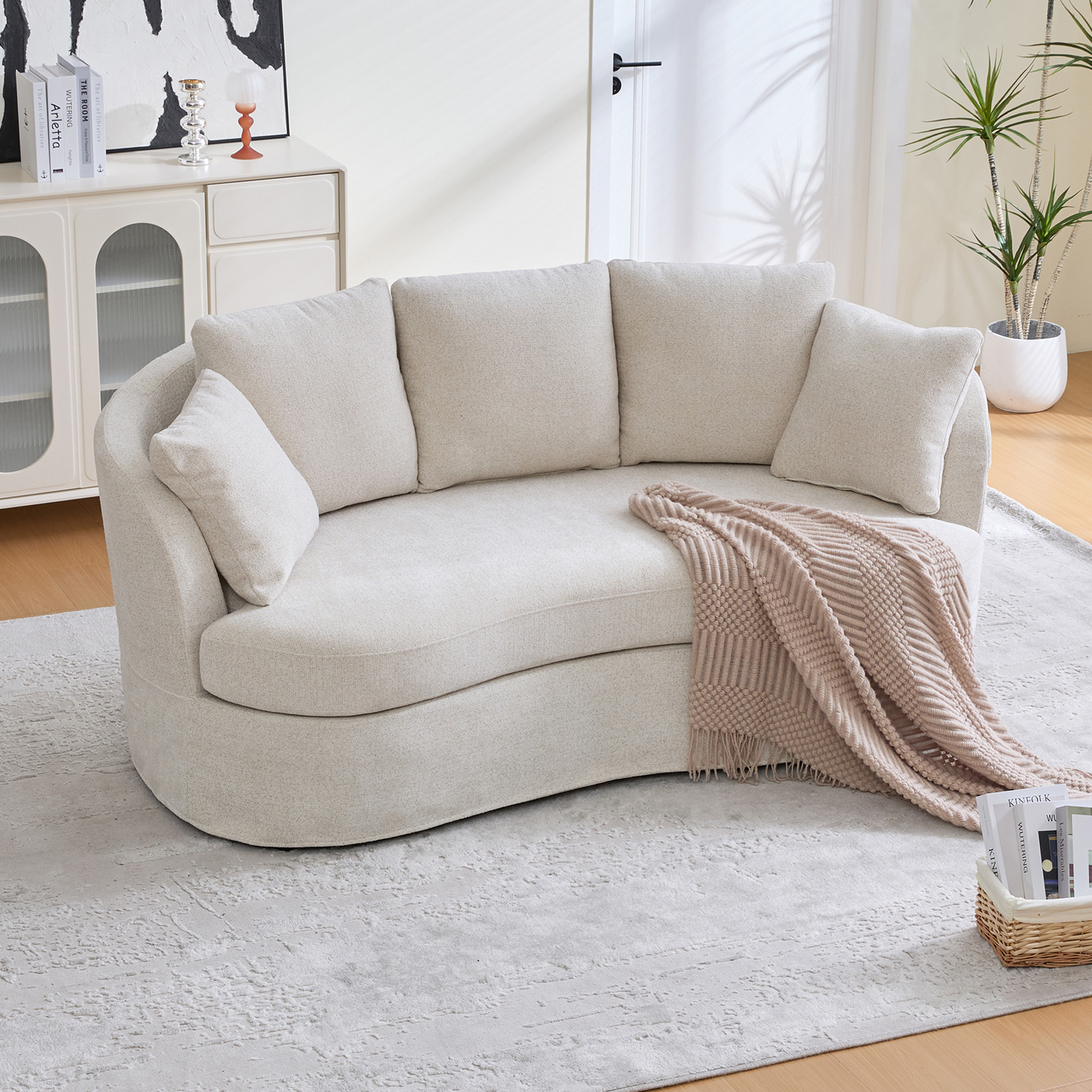 thumbnail video image 2 of Arouseden 74" Curved Couch for Small Space,Upholstered Beige Loveseat Sofa with 3 Removable Cushions,Small Apartment Couch with Curved Backrest,Chenille Modern Curved Sofa for Living Room, 2 of 9