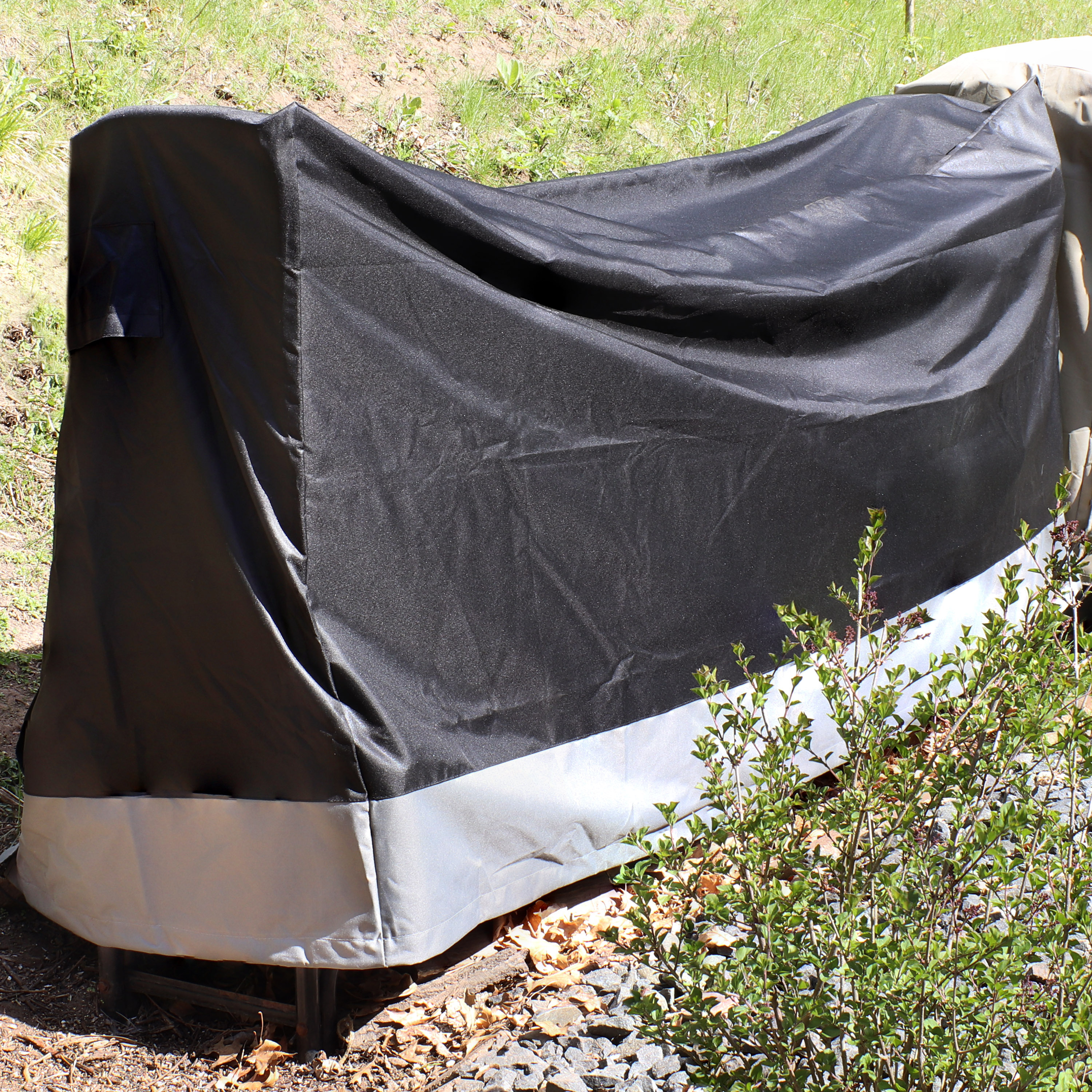thumbnail video image 2 of Sunnydaze 22" x 74" x 44.5" Gray and Black Stripe Firewood Log Rack Cover, 2 of 7