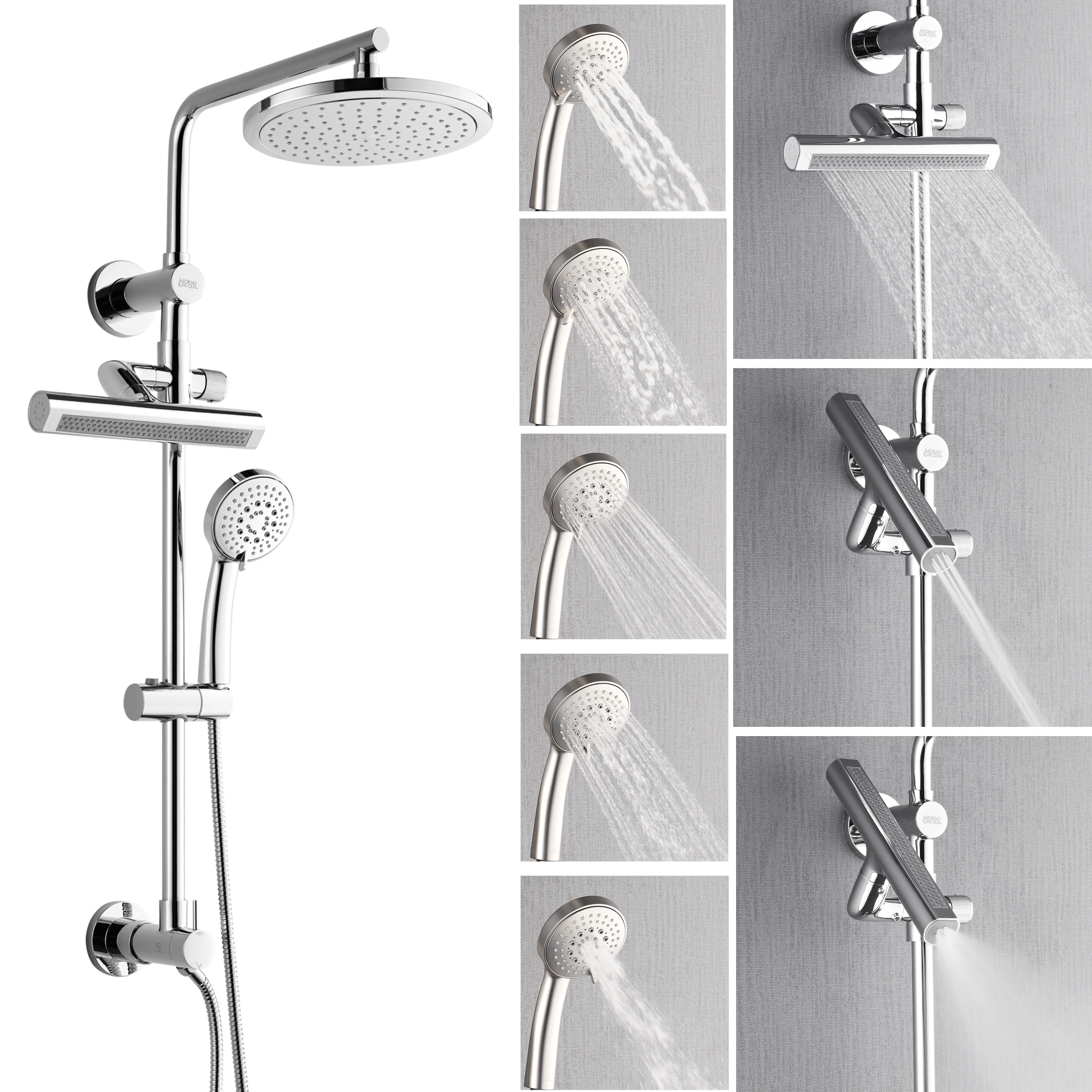thumbnail video image 2 of Forno Acqua AcquaFALL Shower, Brushed Nickel Finish, Overhead Rainfall Shower, Handheld Shower Head, Body Jets, 1.8 GPM Flow Rate, 2 of 15