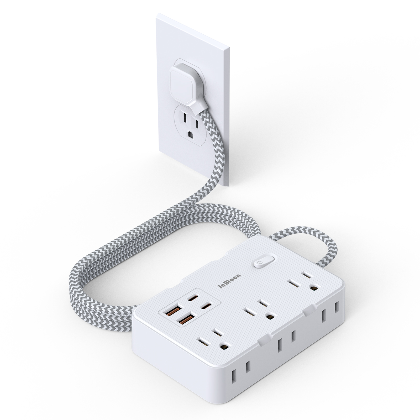 thumbnail video image 2 of Surge Protector Power Strip 5 Ft Cord, Outlet Extender Ultra Thin Flat Extension Braided Cord with 6 Outlets 4 USB Ports(2 USB C) for Indoor, 2 of 9