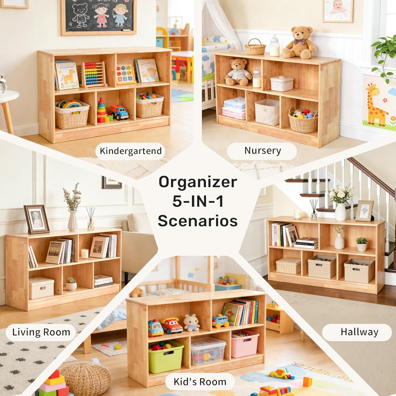 thumbnail video image 2 of Kids Bookshelf and Toy Storage Rubber Wood 5 Cube Storage Organizer, 35.4" L Montessori Book Shelf For Kids Rooms Classroom Nursery Daycare, 2 of 9