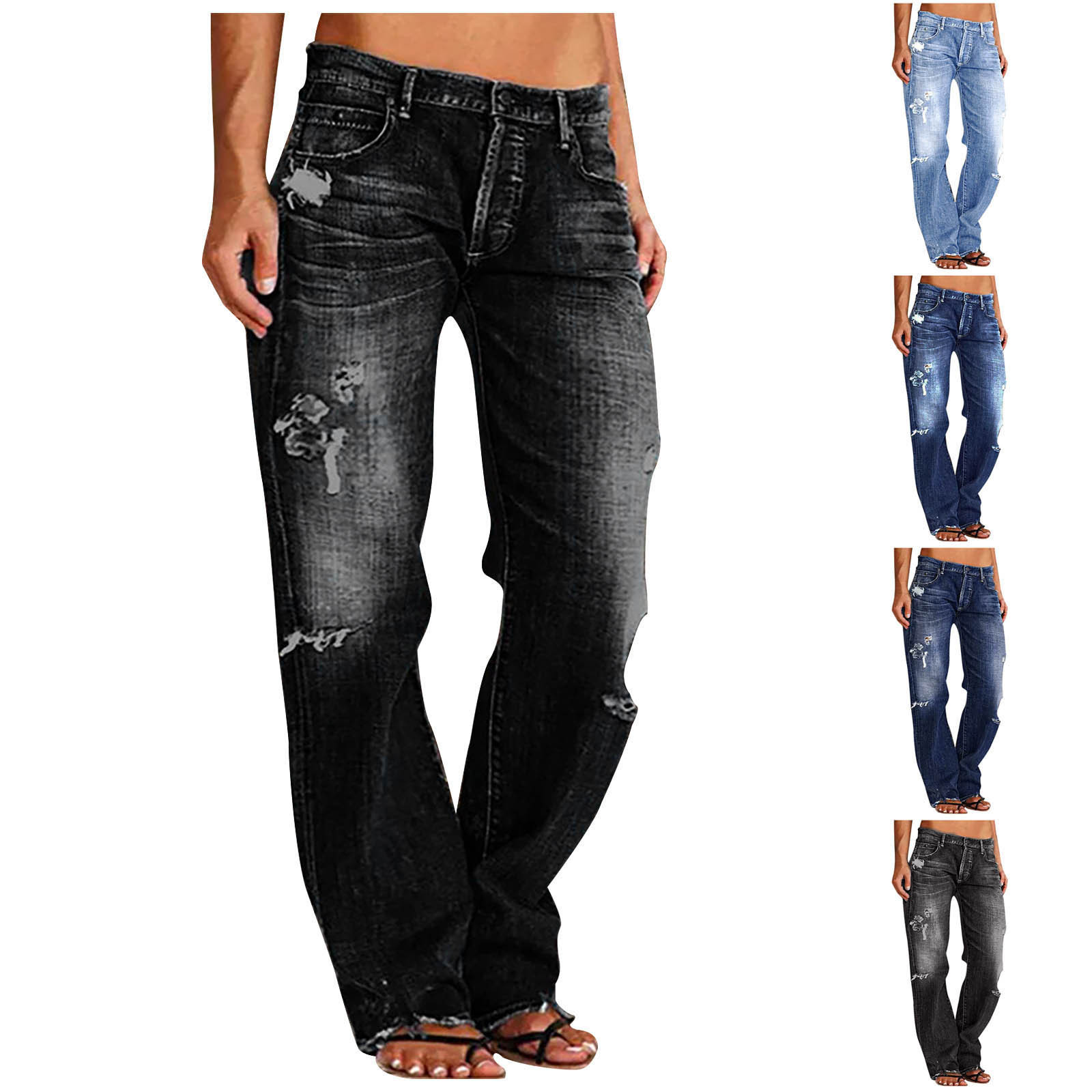 thumbnail video image 2 of Women's High Waisted Wide Leg Jeans Stretchy Loose Fit Denim Pants Casual Street Ripped Straight Pants with Pockets, 2 of 8