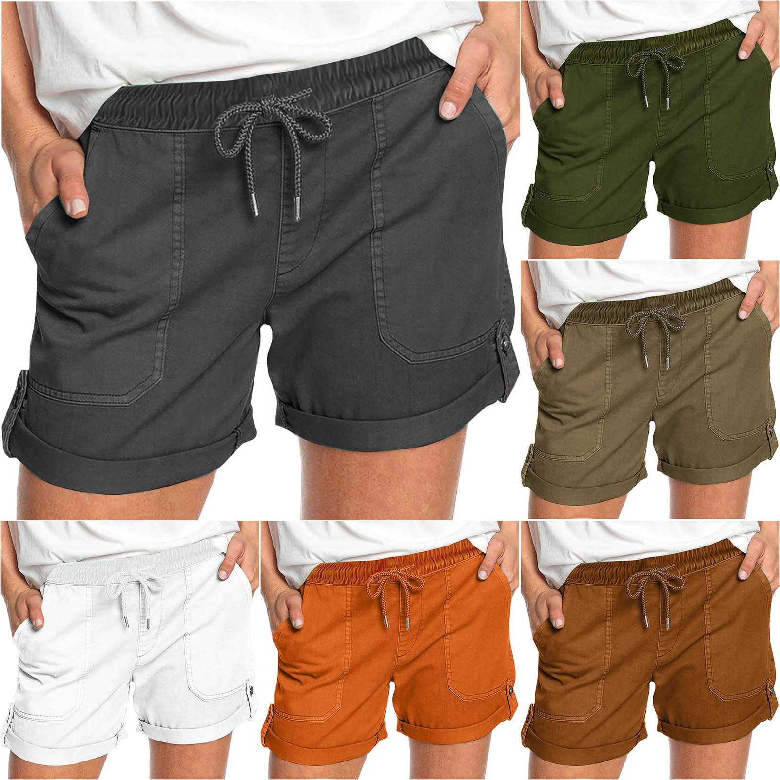 thumbnail video image 2 of WREESH Womens Shorts Fashion Solid Color Casual Wide Leg Loose High Waist Lace-Up Shorts Army Green, 2 of 7