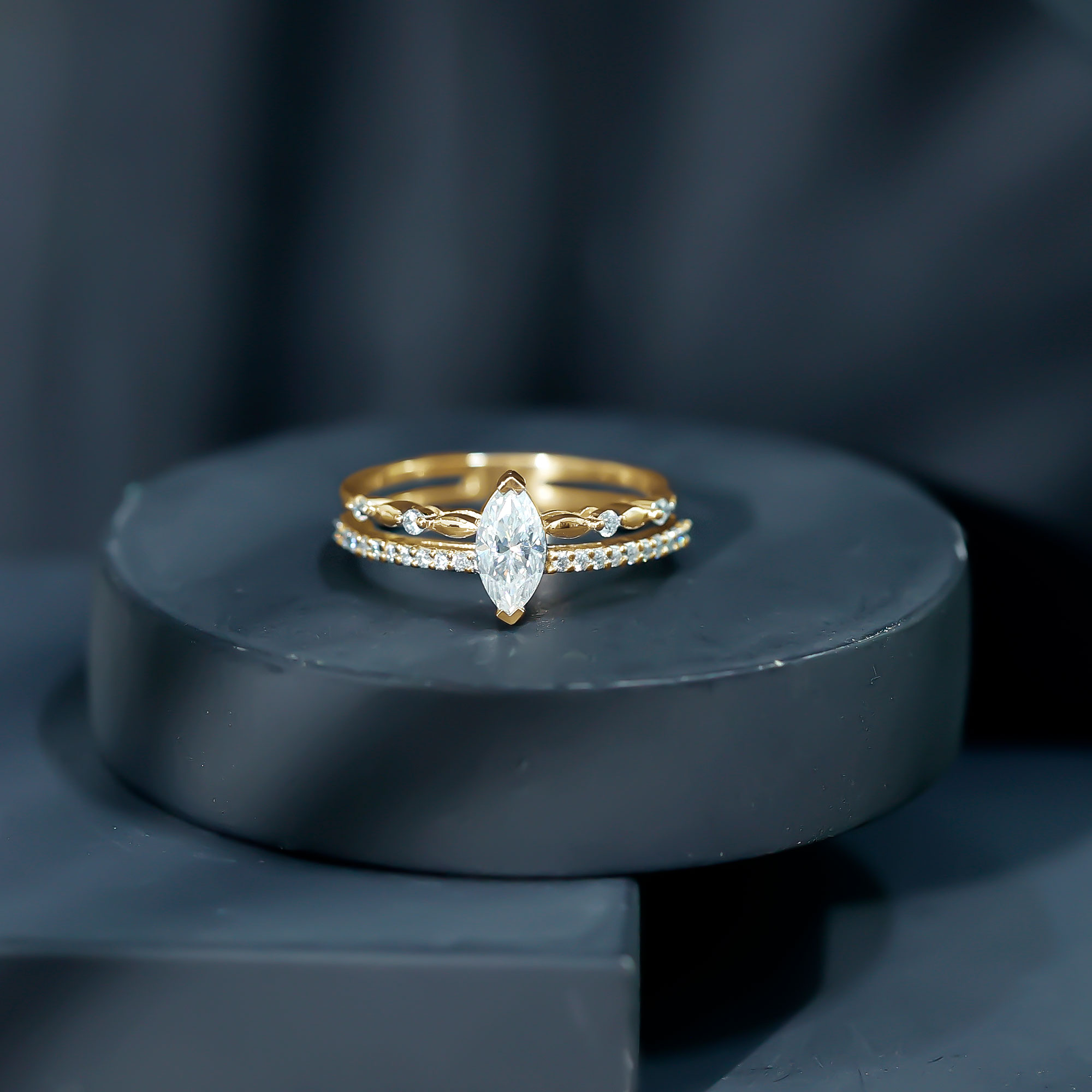 thumbnail video image 2 of Rosec Jewels Certified Moissanite Marquise Engagement Ring for Women - 4X8 mm - Double Band Ring - D-VS1 Grade, 18K White Gold, US 5.00, 2 of 8