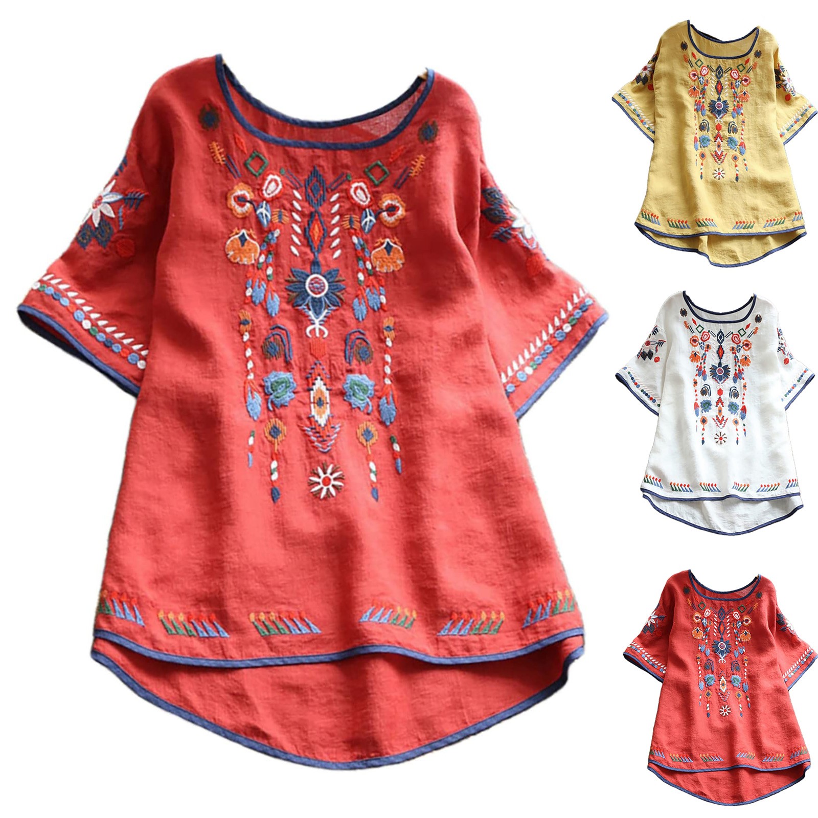 thumbnail video image 2 of WREESH Womens Vintage Ethnic Style Blouses Spring Summer Solid Color Casual Loose Fashion T-Shirt Short Sleeve Round Neck Embroidery Tops Cotton and Linen Blouse Red, 2 of 6