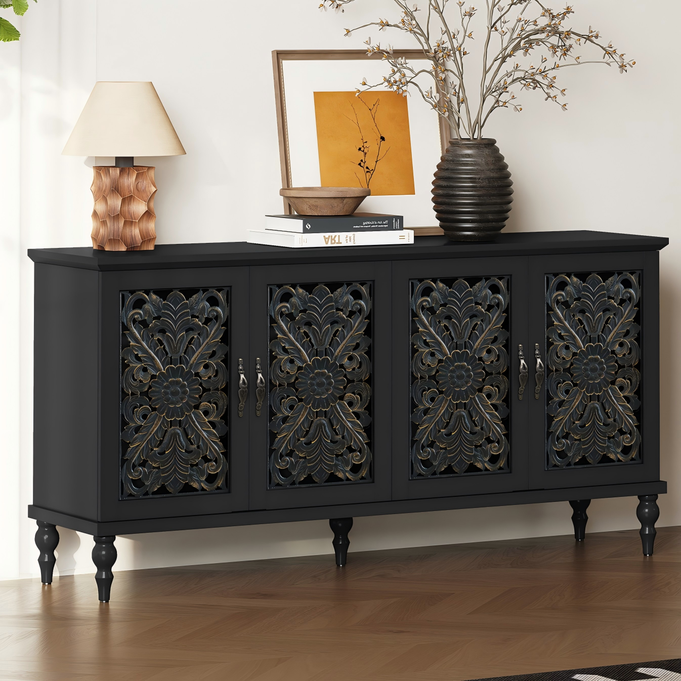 thumbnail video image 2 of HLR 62'' Mid Century Vintage Sideboards Buffets Cabinet with 4 Doors Storage for Kitchen Dining, Black, 2 of 14