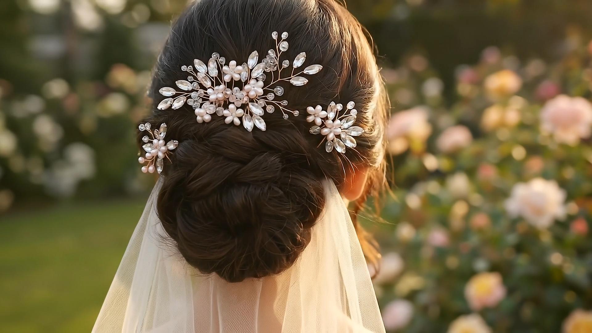 thumbnail video image 2 of MIALLO 3Pcs Rose Gold Floral Hair Side Comb & Hairpins Set - Rhinestone Pearl Headpiece for Wedding Prom Party Decoration, 2 of 7