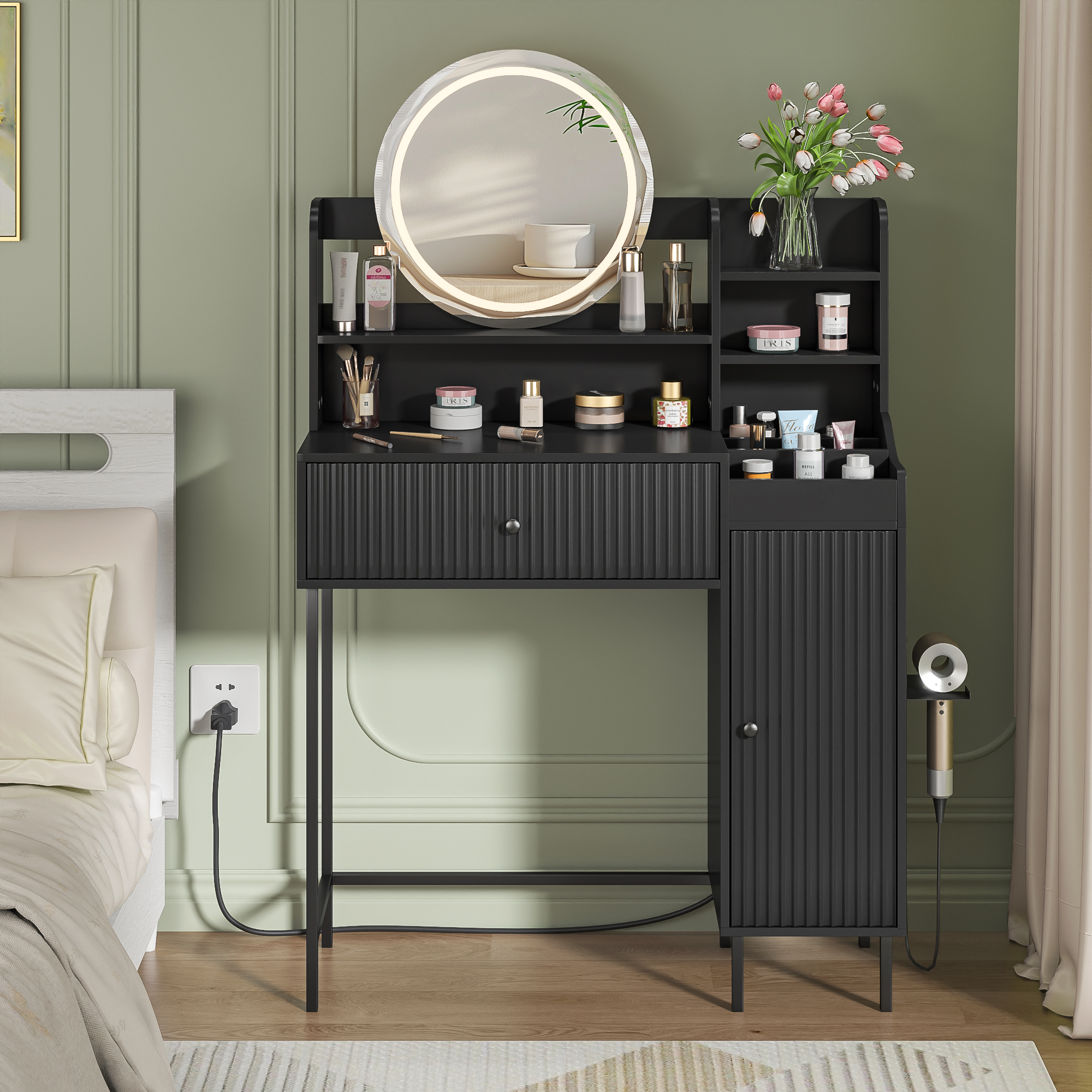 thumbnail video image 2 of Modern Makeup Vanity Desk with Mirror and Light, Fluted Vanity Table with Drawer and Cabinet, Dresser with Hairdryer Holder & Power Outlet & Shelves, 3 Lighting Modes, for Bedroom, 2 of 9