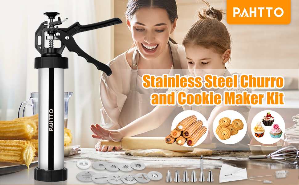thumbnail video image 2 of PAHTTO Cookie Presses, Stainless Steel Churros Gun Kit with Piping Bag, Churro Filler, 6 Piping Nozzles, 9 Cookie Discs, 2 brushes, 2 of 8