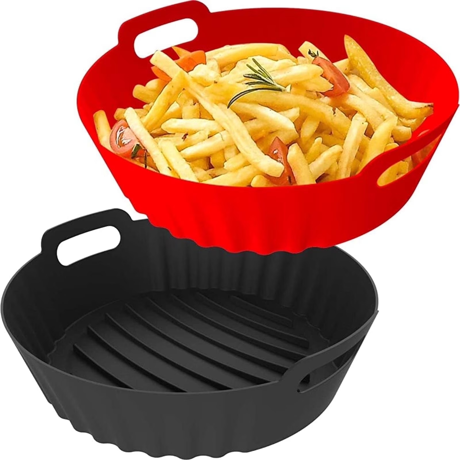 thumbnail video image 2 of Air Fryer Silicone Liners 2 Pack, Reusable Round Air Fryer Basket Liners for 3-5 QT, 7.8 Inch Air Fryer Silicone Baking Tray for Oven Microwave Pot Accessories (Red+Black), 2 of 8