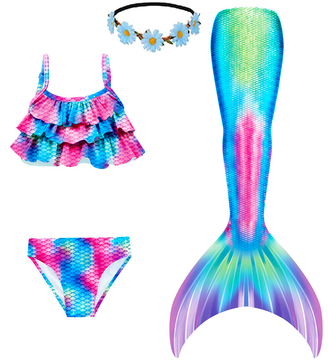 thumbnail video image 2 of Mermaid Tails, Mermaid Tails For Swiming For Girls,4 PCS Girls Swimsuit Bathing Suits Bikini with Cover Up Birthday Gift for Girl 3-11 Years (Monofin not included.), 2 of 8